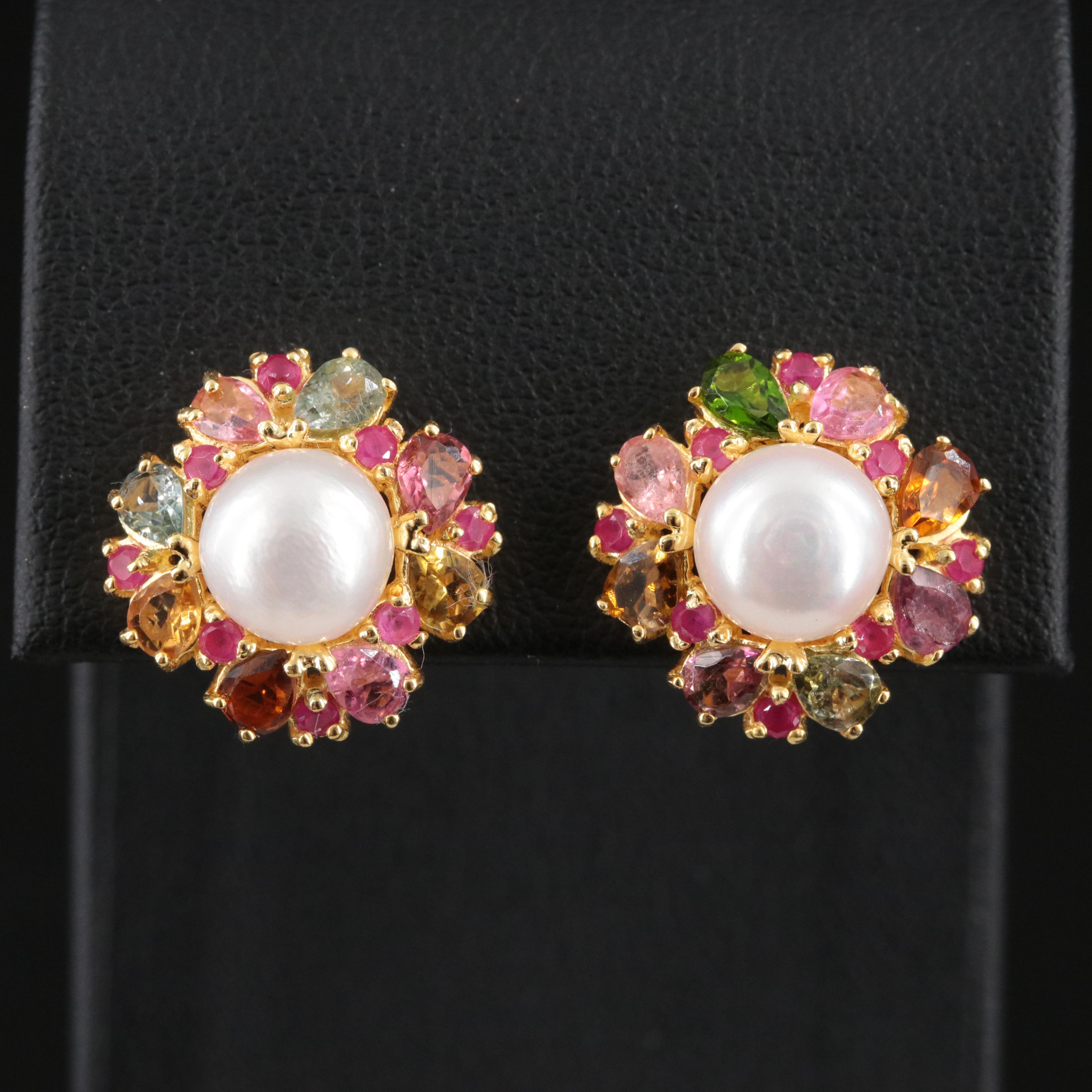 Sterling Pearl, Tourmaline and Ruby Button Earrings