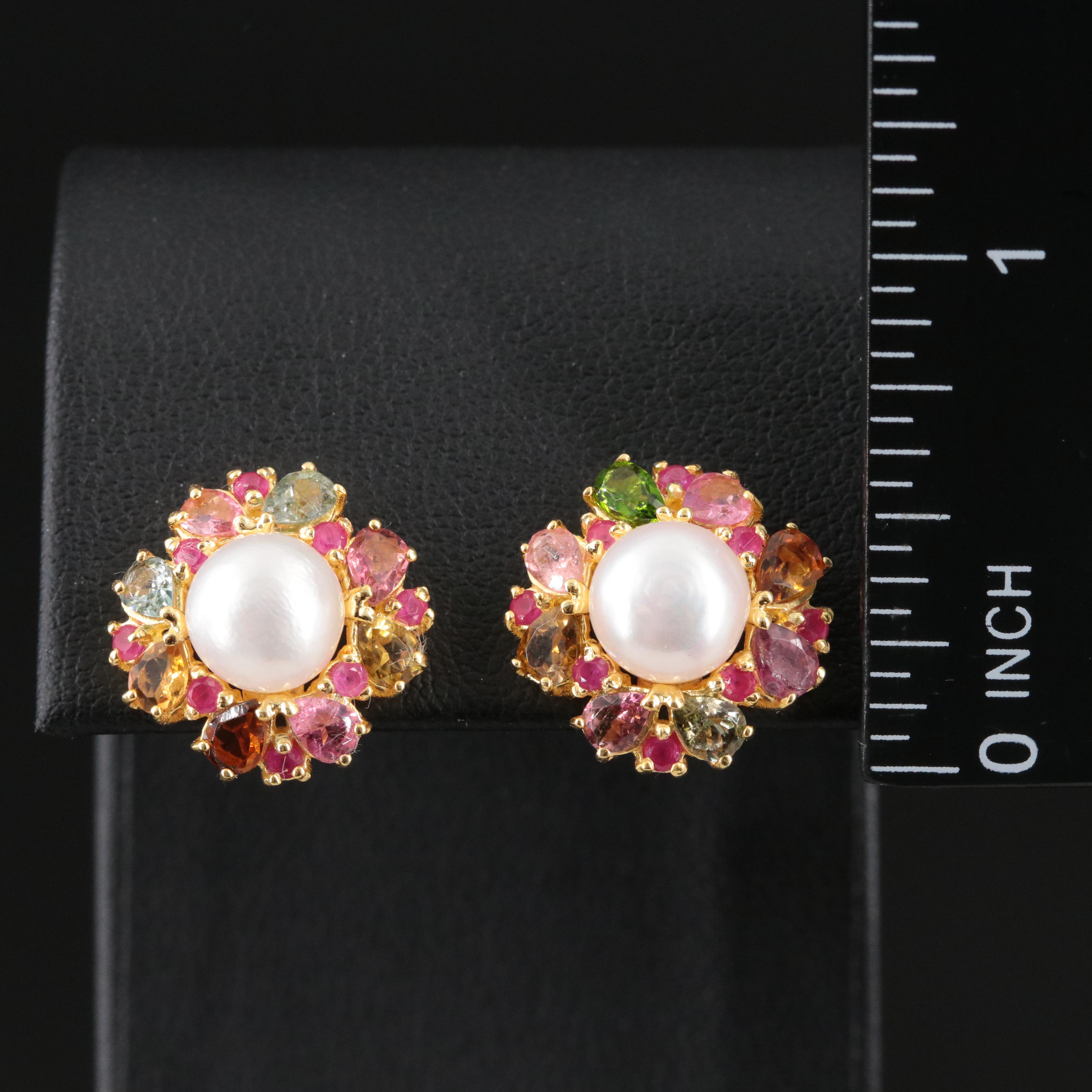 Sterling Pearl, Tourmaline and Ruby Button Earrings