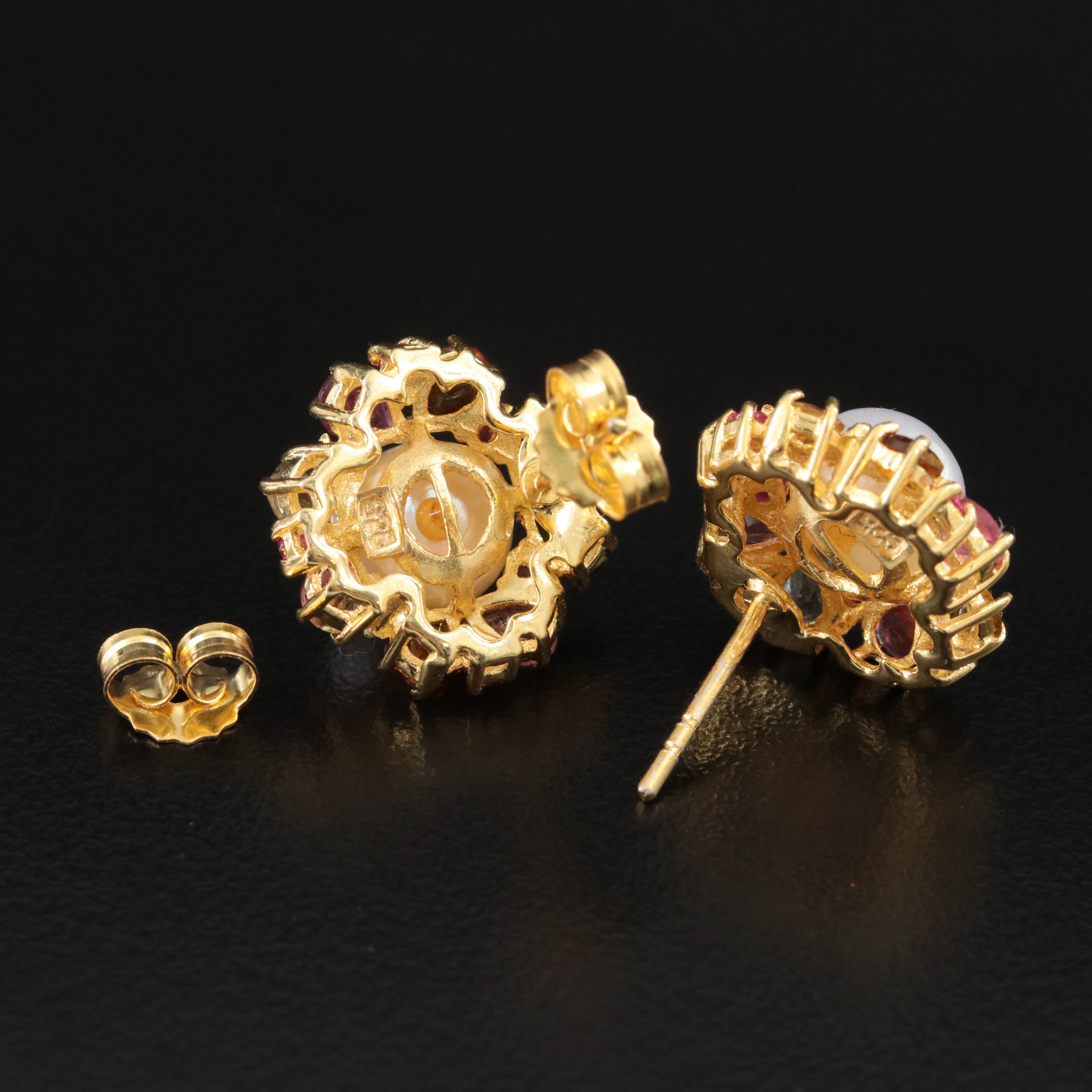 Sterling Pearl, Tourmaline and Ruby Button Earrings