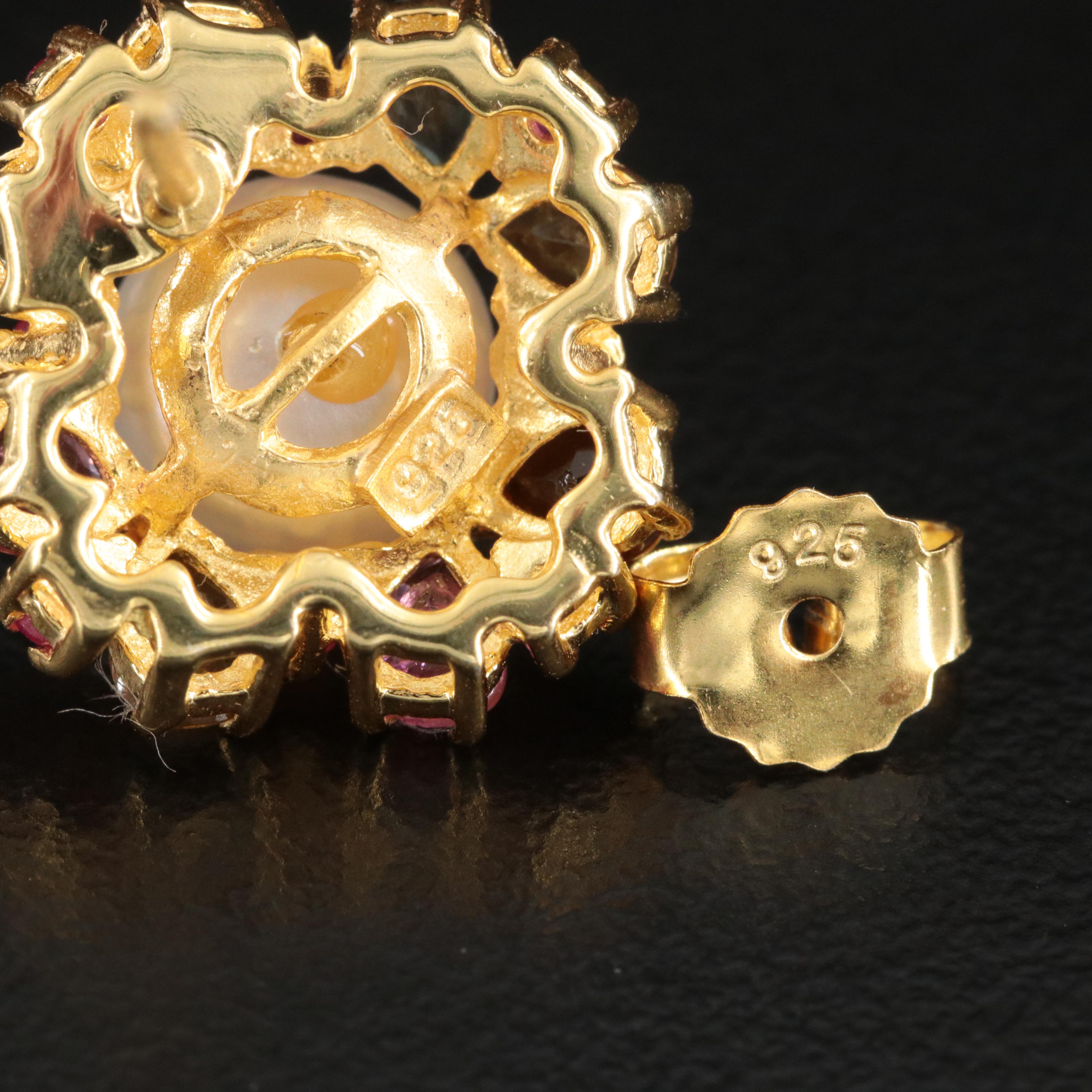 Sterling Pearl, Tourmaline and Ruby Button Earrings