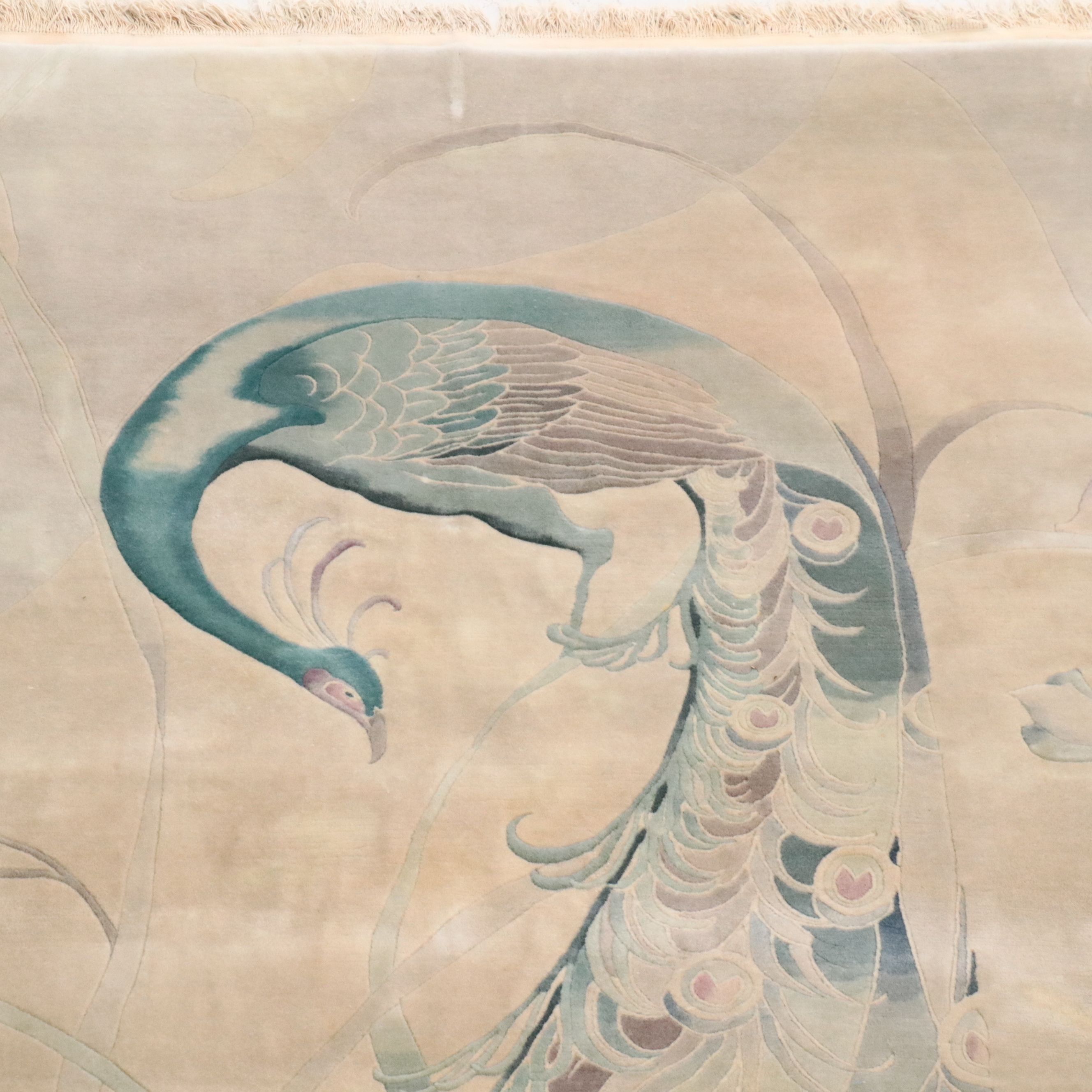 8' x 11'10 Hand-Knotted Signed Chinese Pictorial Peacock Area Rug