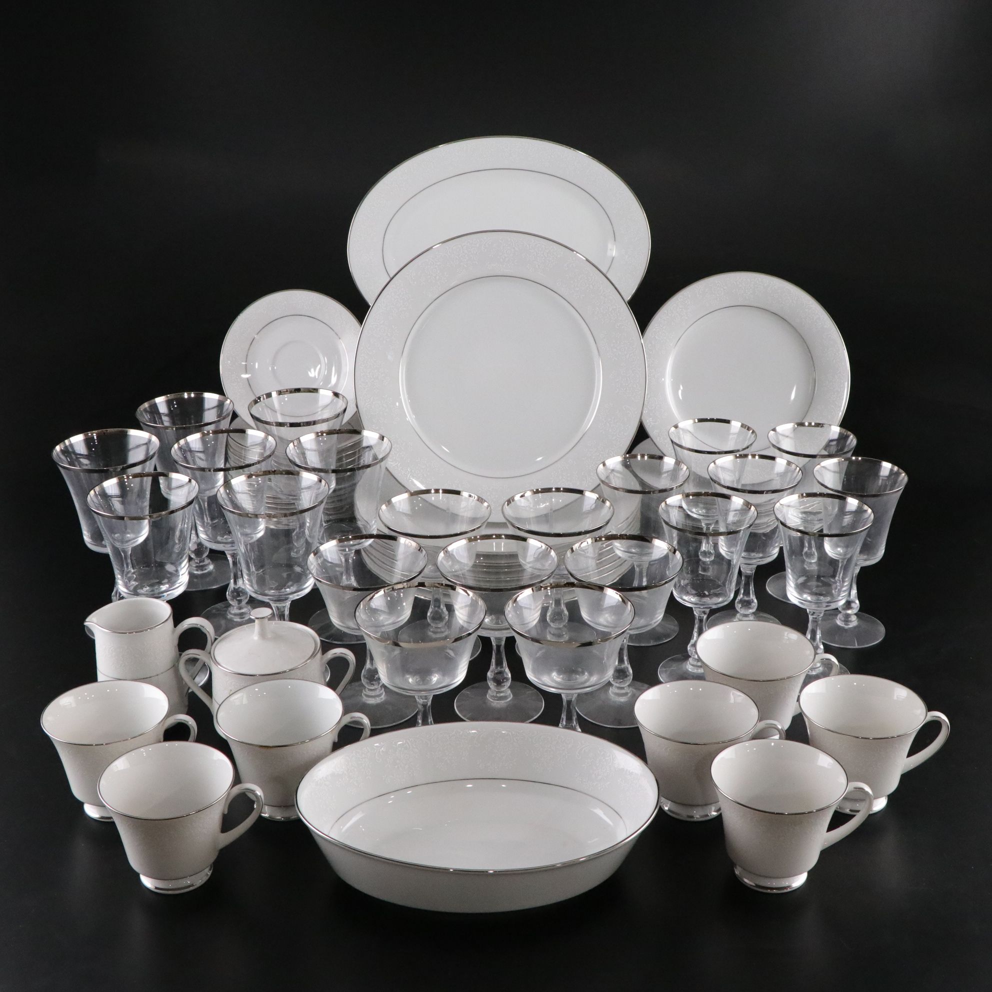 Noritake "Tahoe" Dinnerware Set with Fostoria "Sheffield" Platinum Glassware