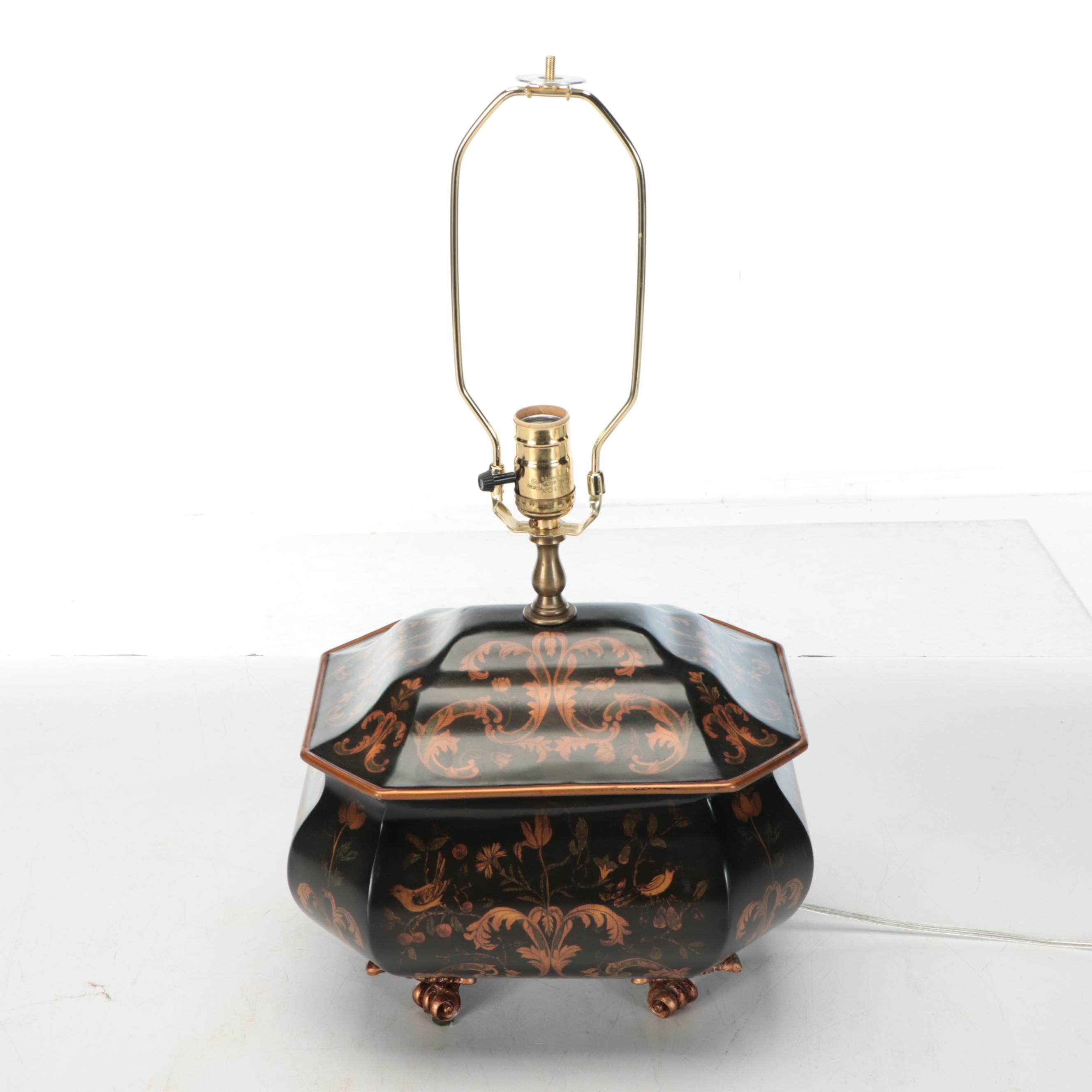 Chinese Hand-Painted Metal Table Lamp with Cut Corner Shade
