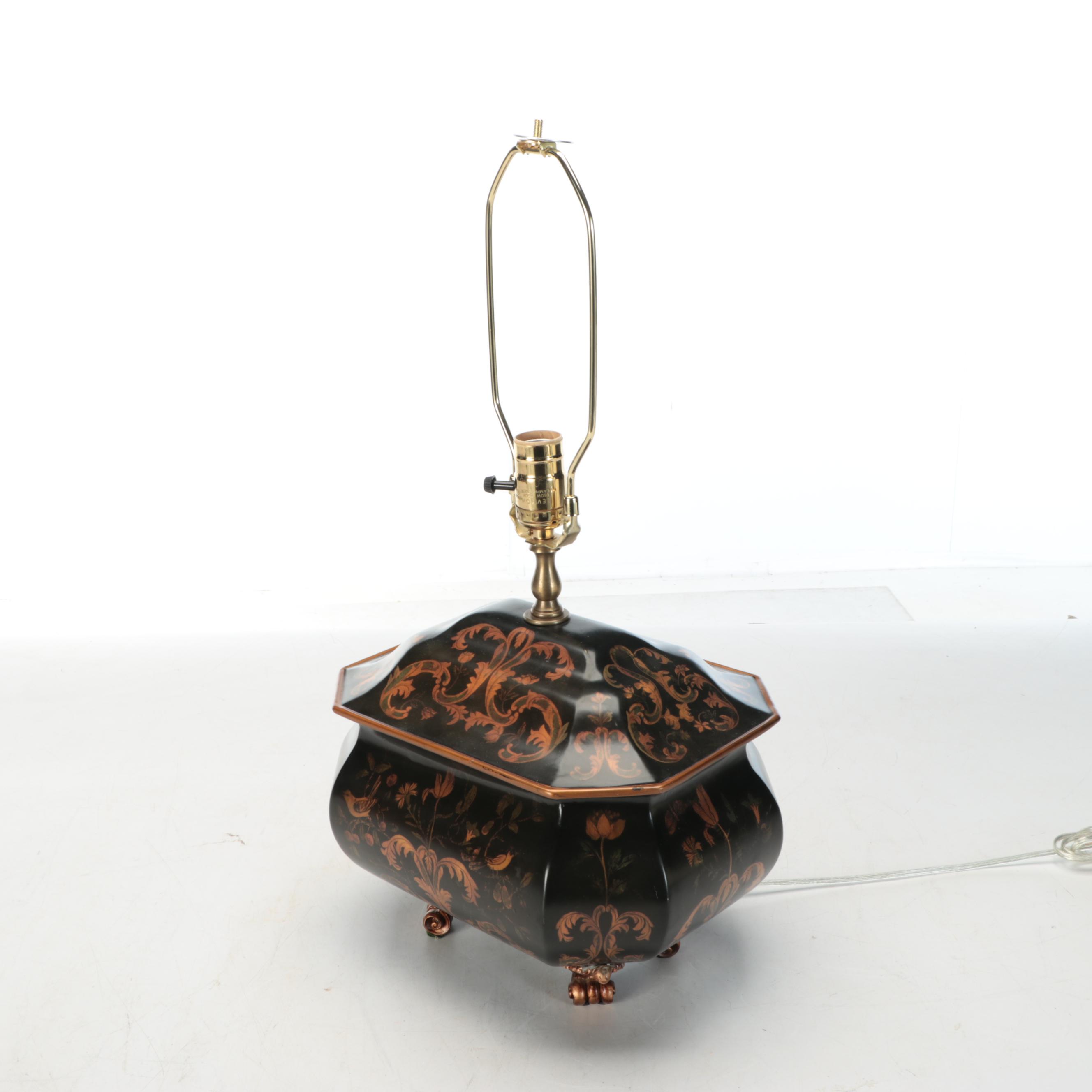 Chinese Hand-Painted Metal Table Lamp with Cut Corner Shade