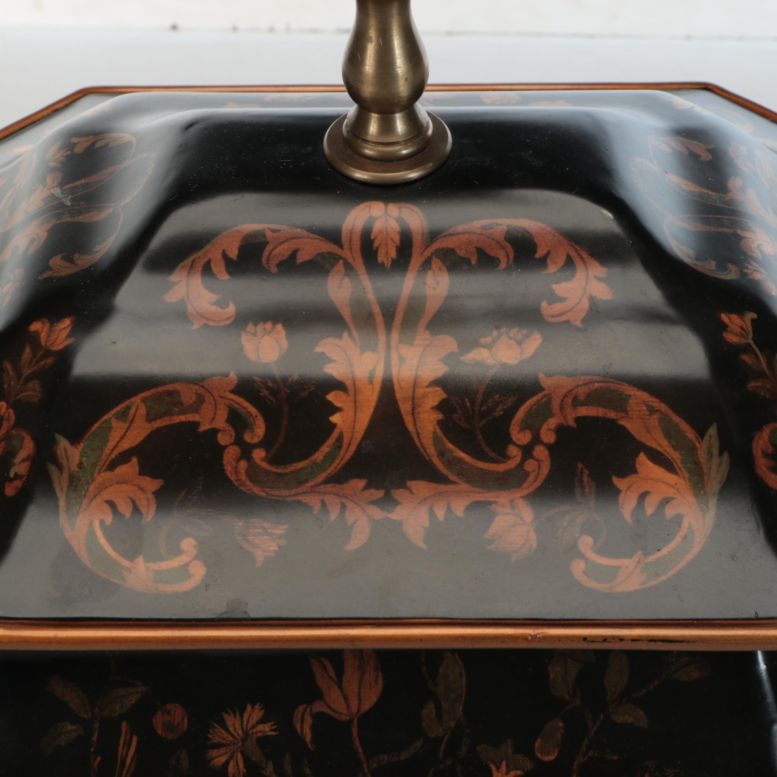 Chinese Hand-Painted Metal Table Lamp with Cut Corner Shade