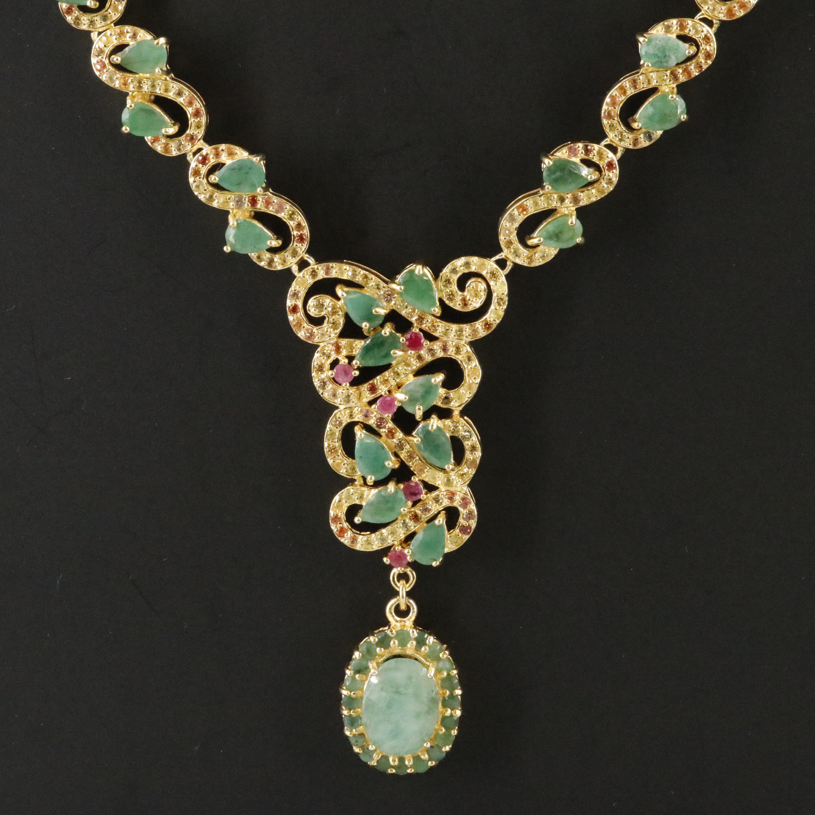 Sterling Emerald, Ruby, and Sapphire Necklace