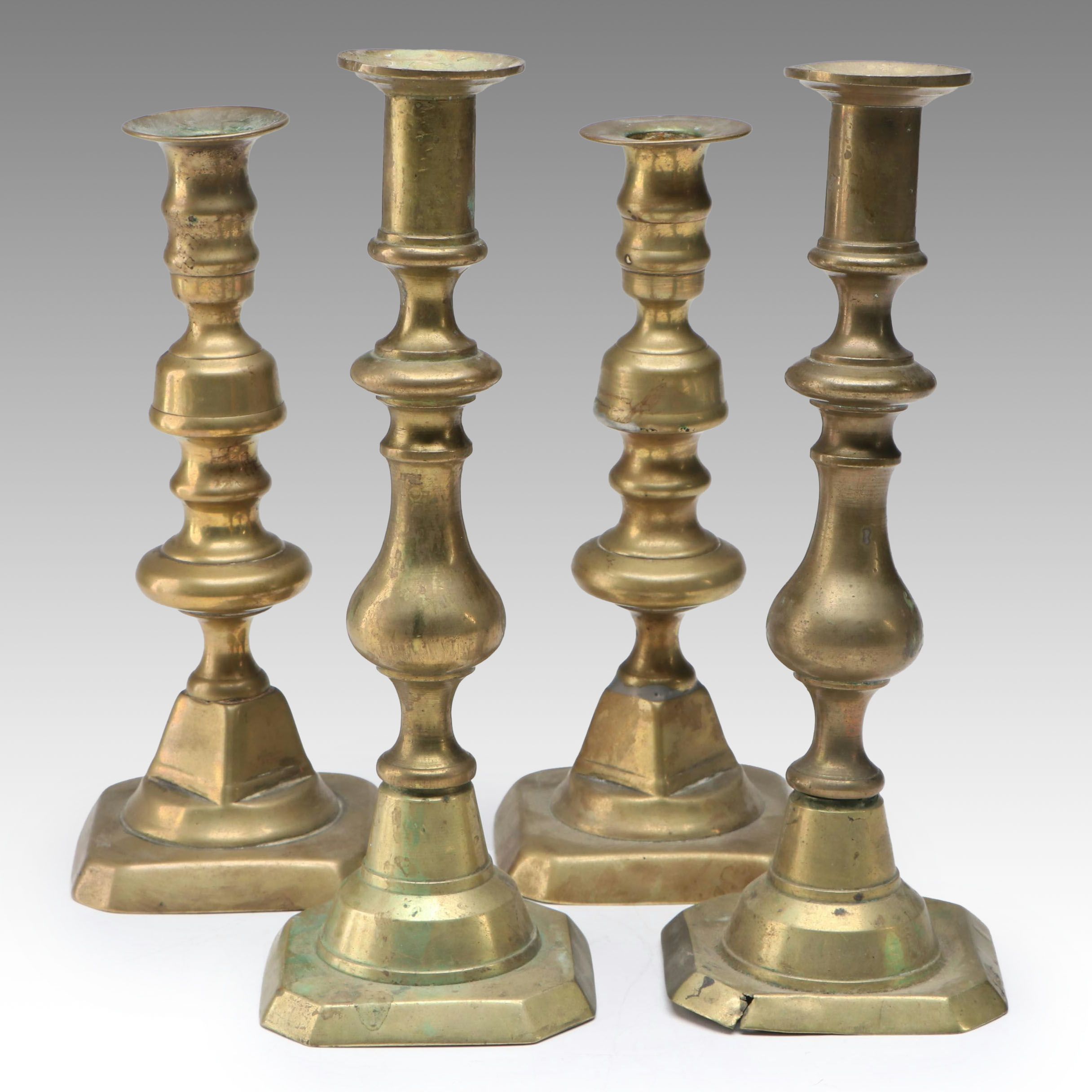English Brass Candlestick Pairs with Push-ups, Antique