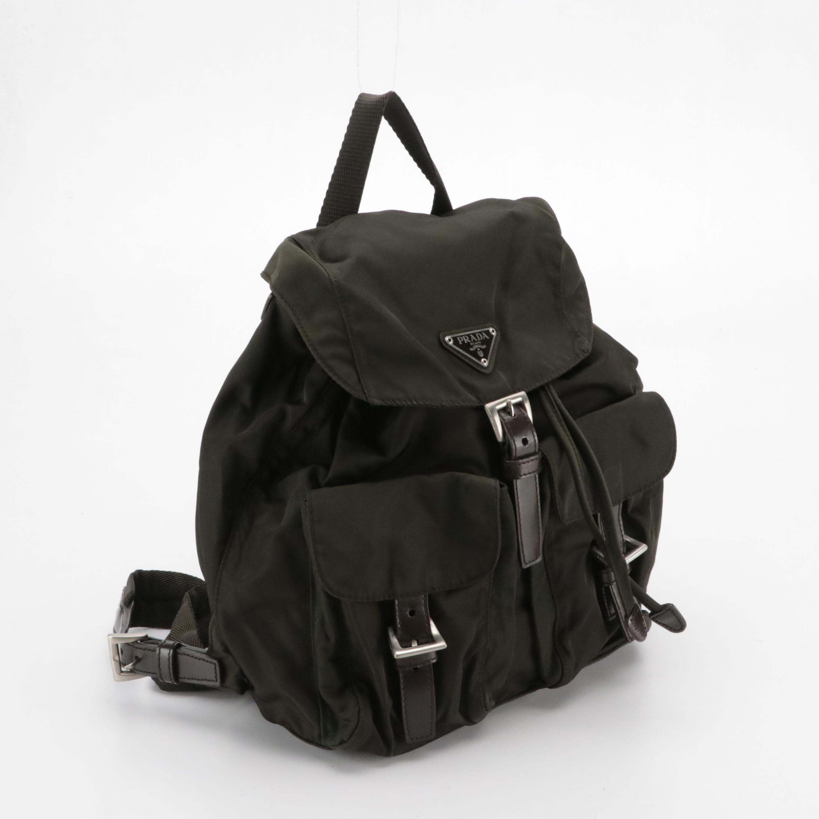 Prada Double Pocket Rucksack Backpack in Olive Green Tessuto Nylon and Leather
