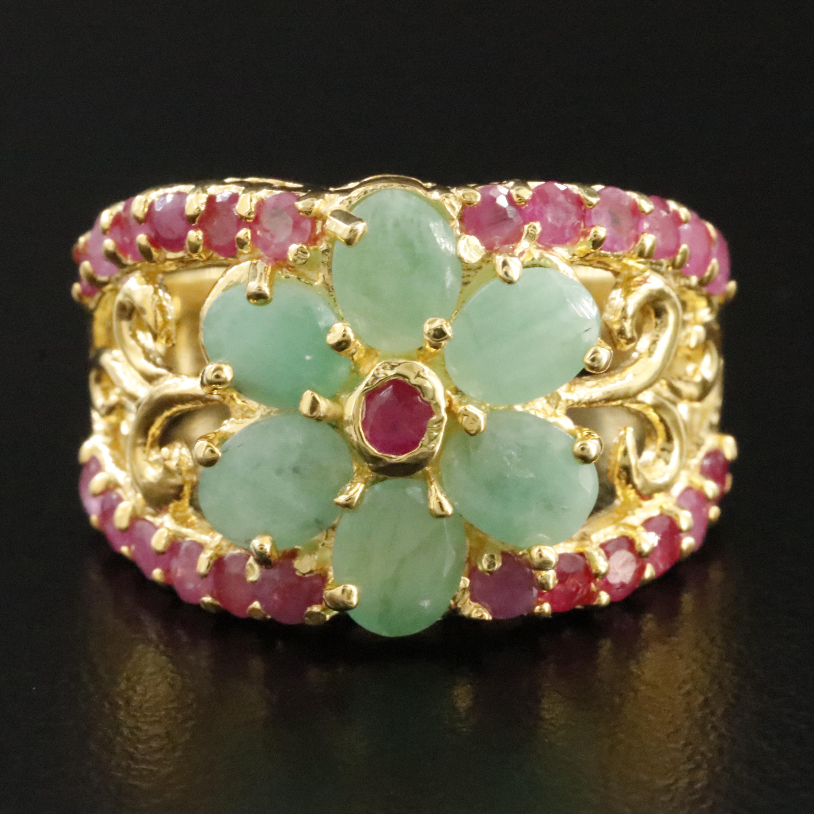 Sterling Emerald and Ruby Flower Ring