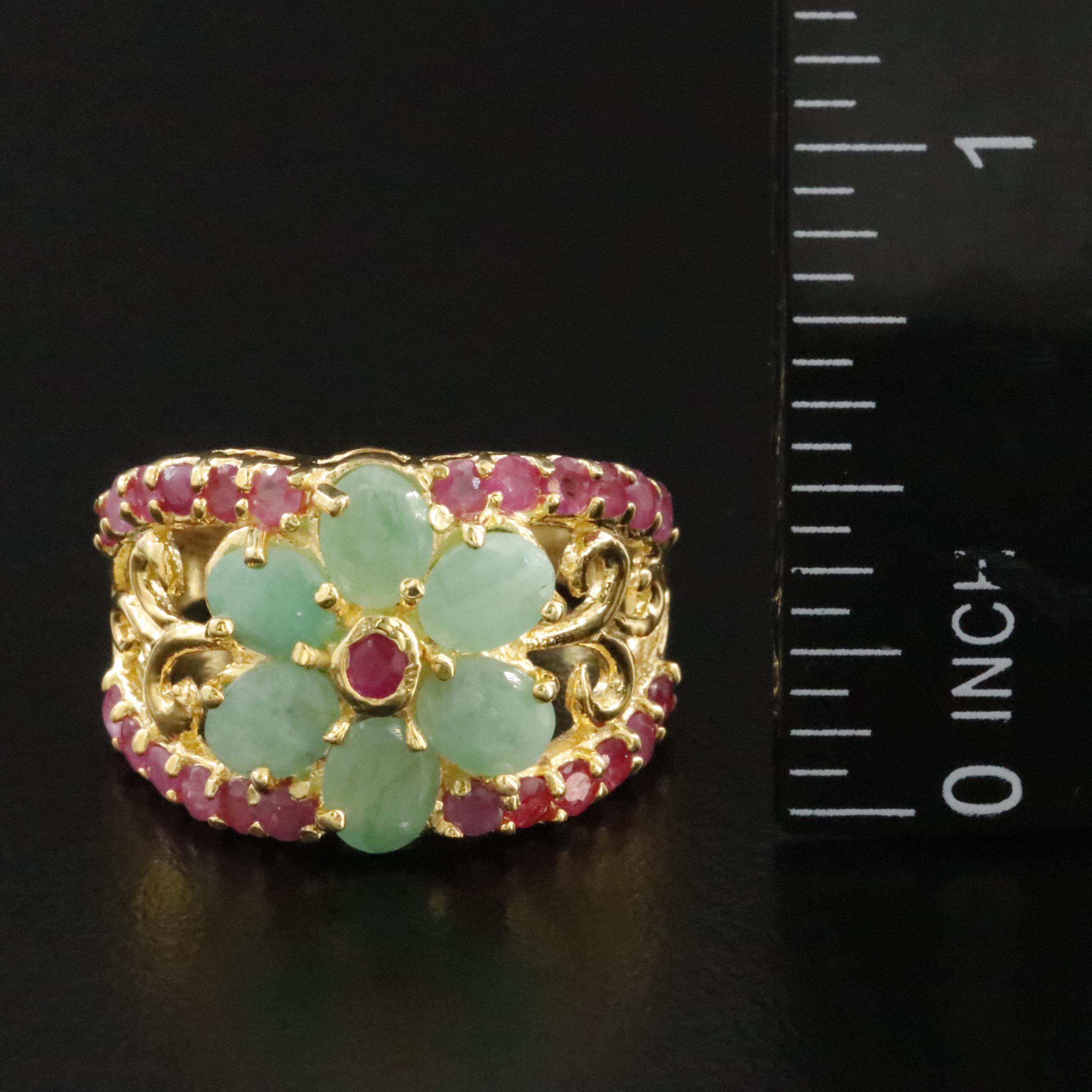 Sterling Emerald and Ruby Flower Ring