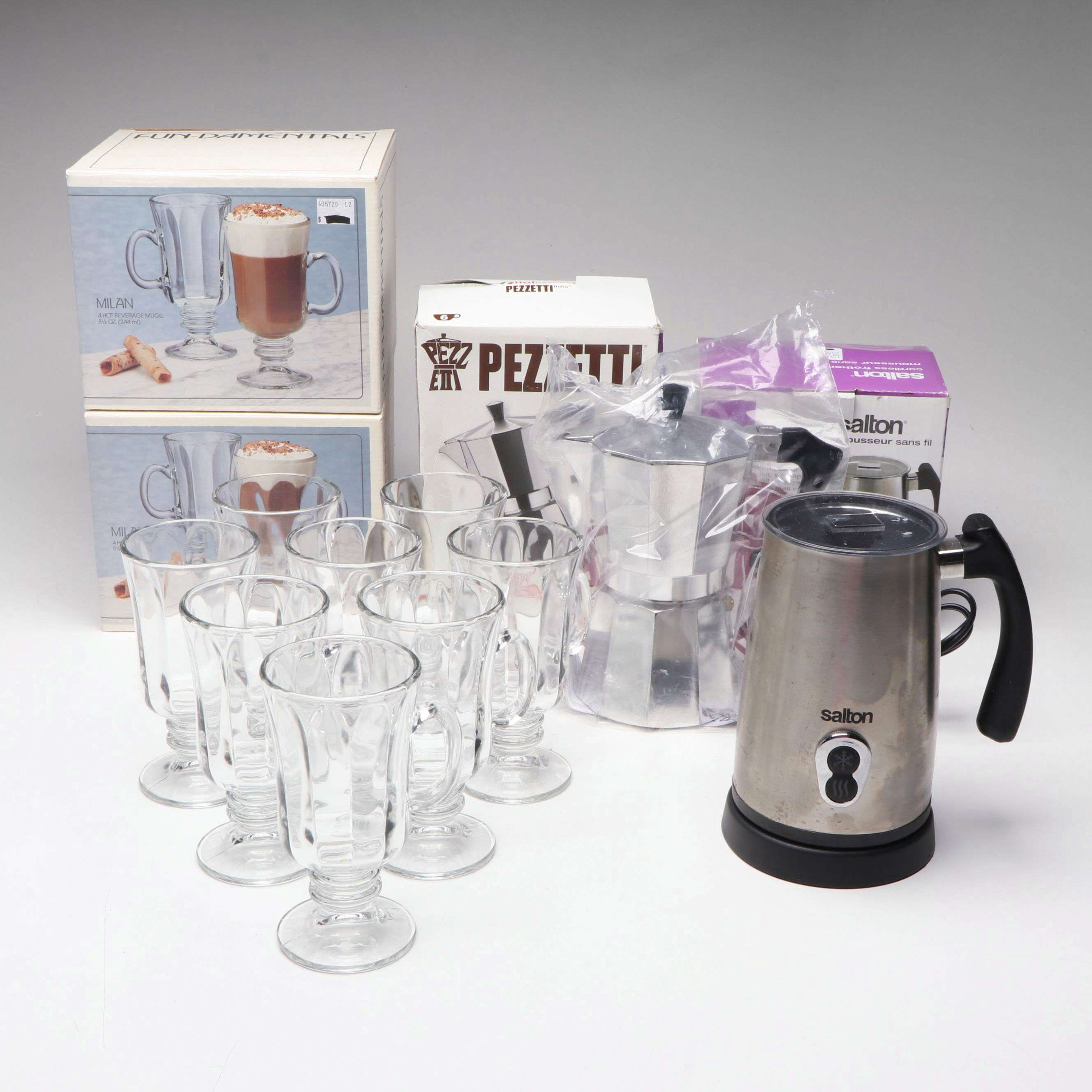 Pezzetti Coffee Maker, Salton Electric Frother & Fun-Damentals Milan Glass Cups