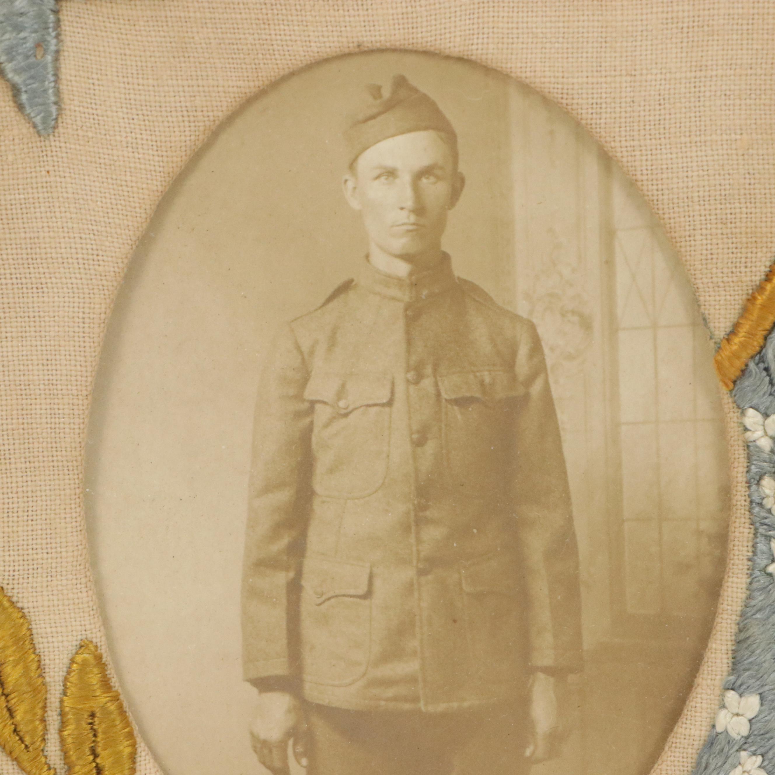 Handmade Embroidery Panel Framing Silver Gelatin Photograph of Soldier