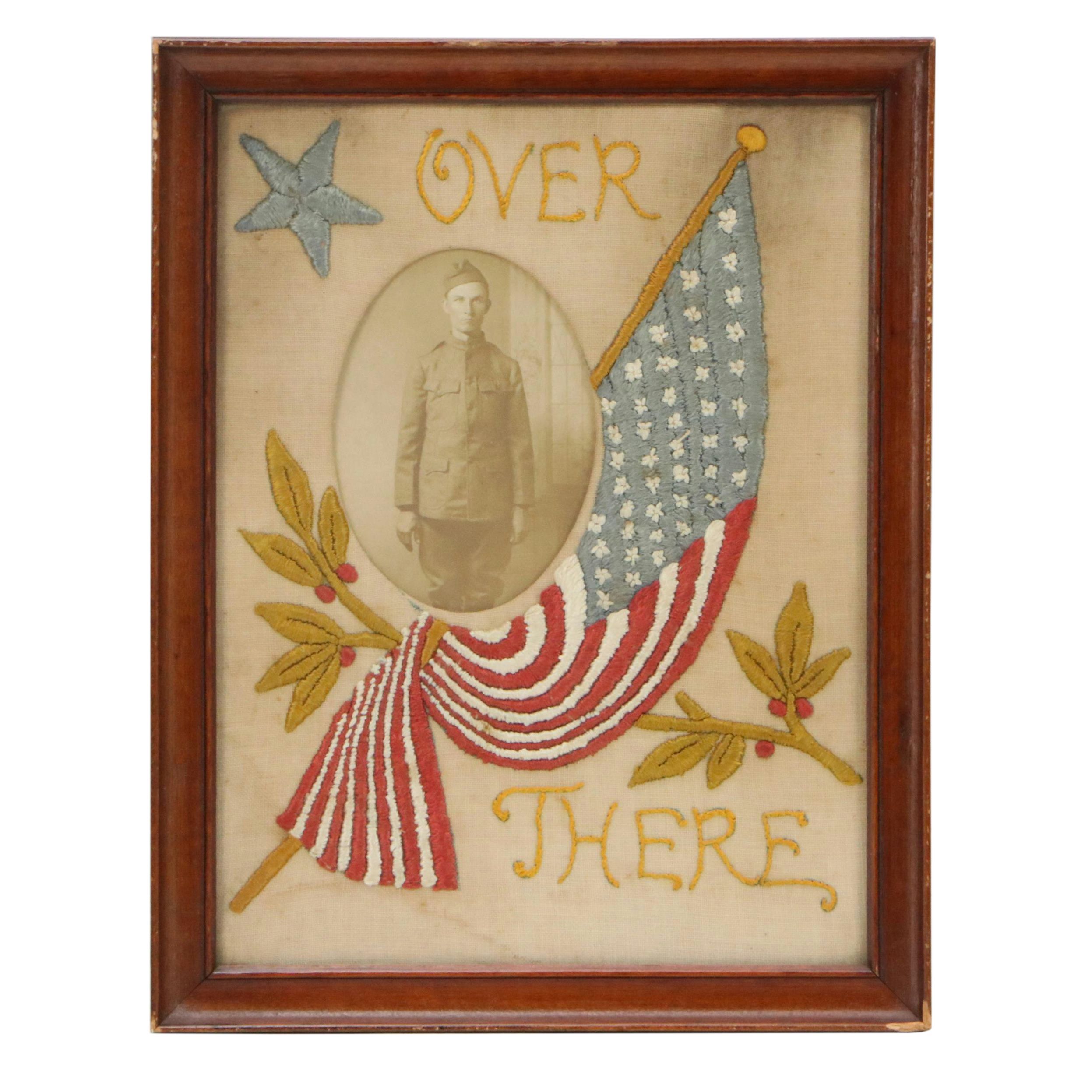 Handmade Embroidery Panel Framing Silver Gelatin Photograph of Soldier