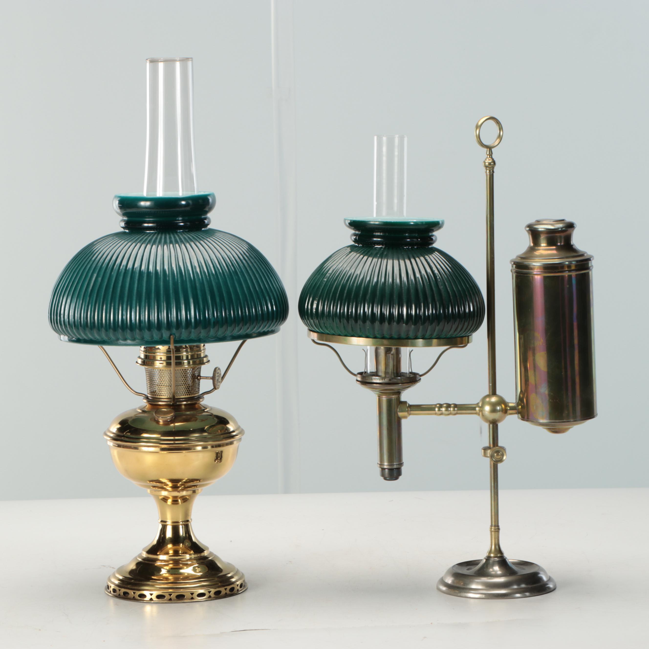 Aladdin Brass Finish Oil Lamp with Argand Student Lamp and Green Ribbed Shades