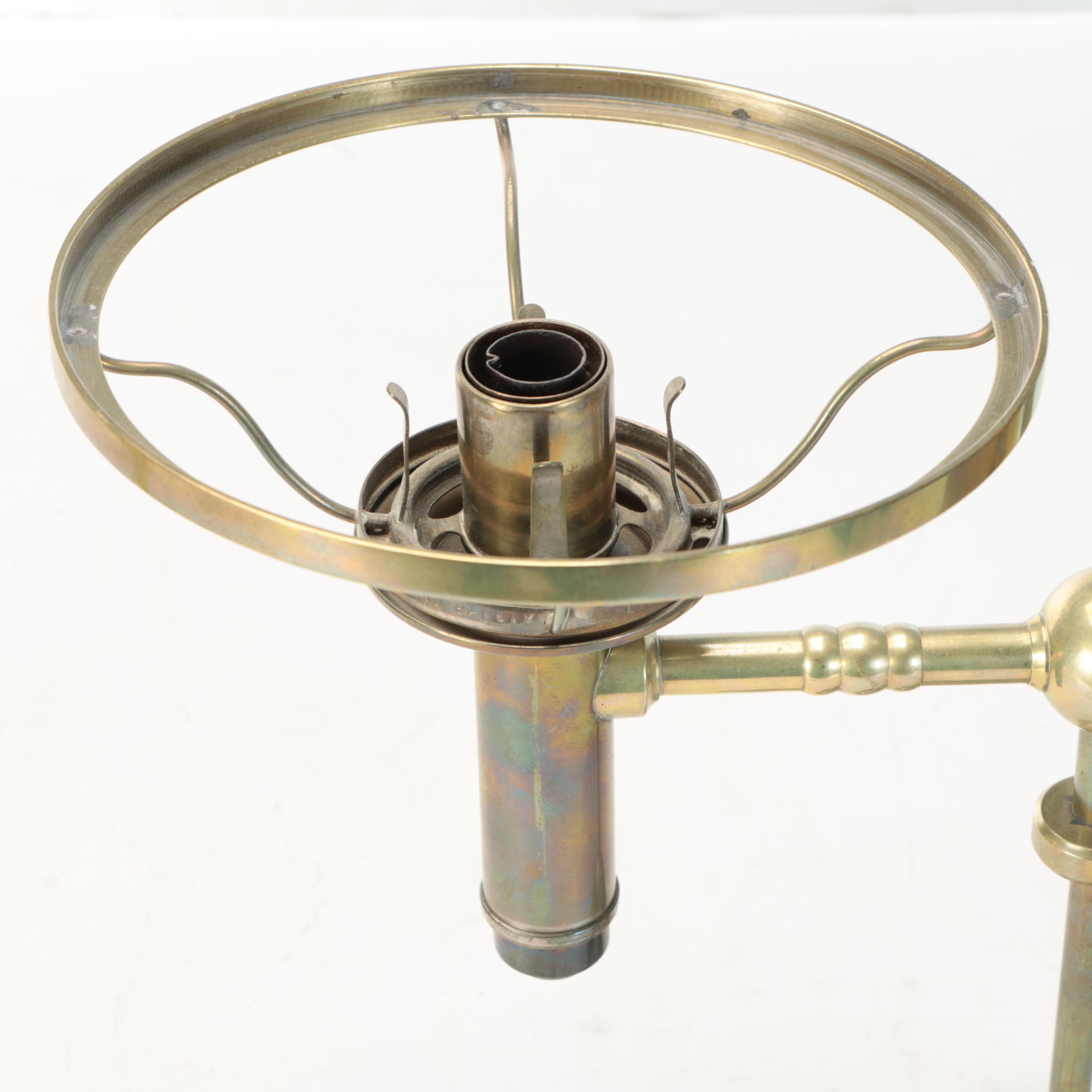 Aladdin Brass Finish Oil Lamp with Argand Student Lamp and Green Ribbed Shades