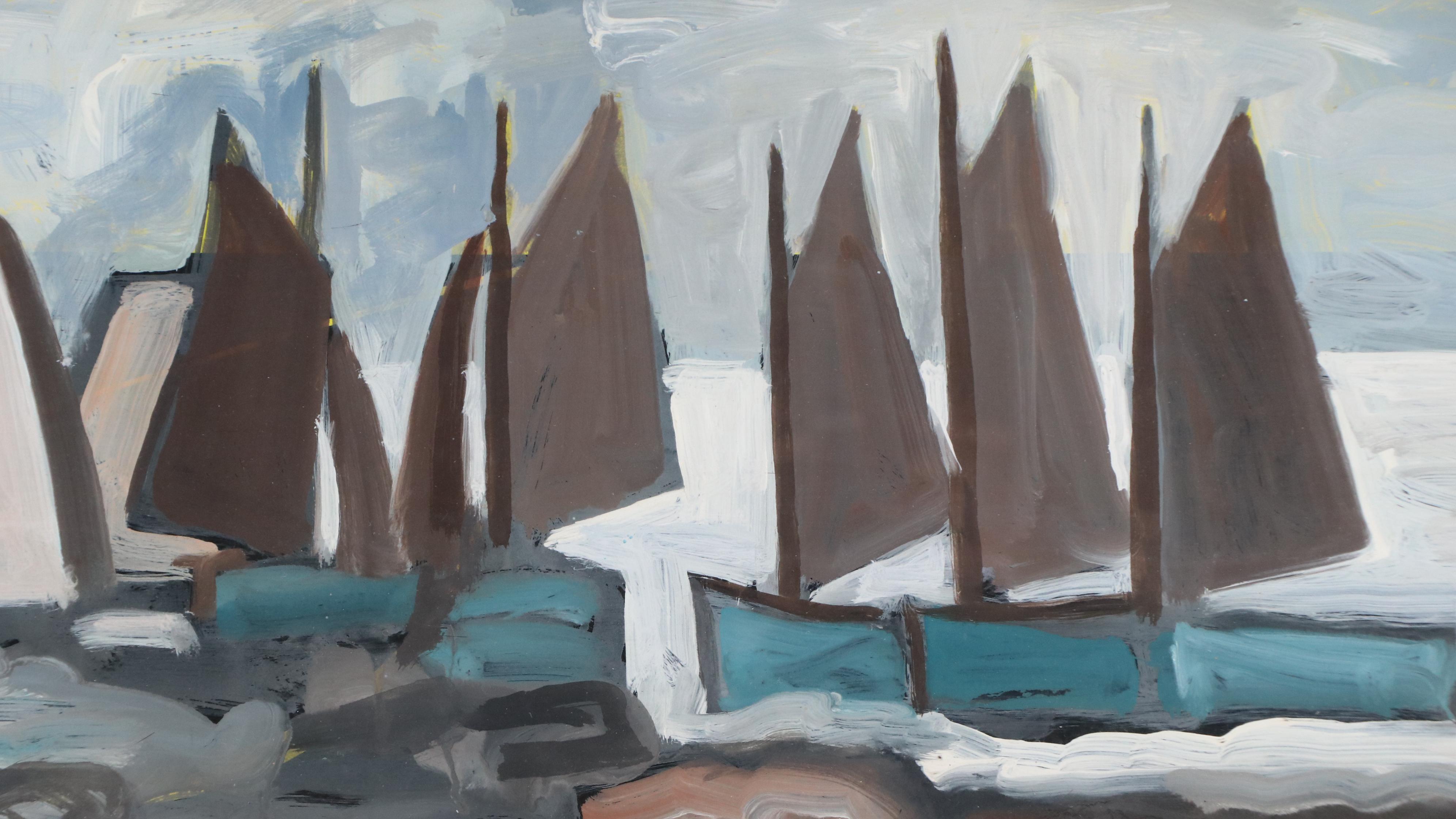 Markey Robinson Gouache Painting "Sailboats Clustering Around Cottages"