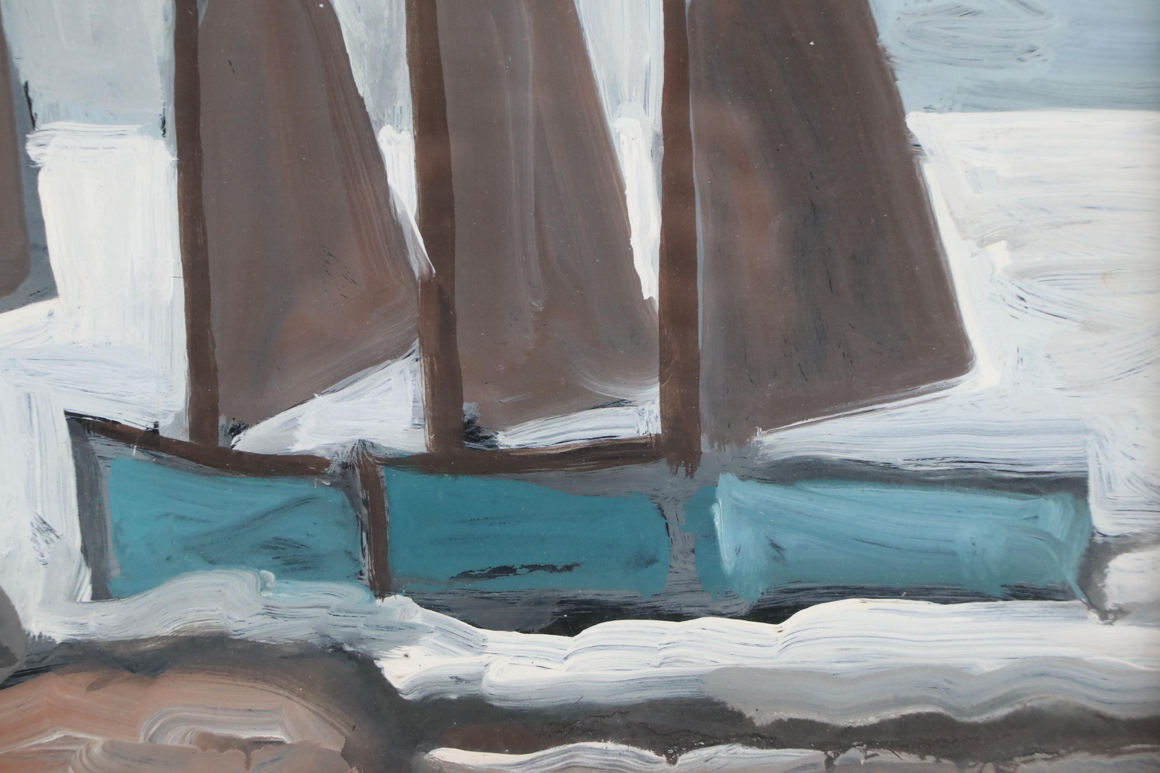 Markey Robinson Gouache Painting "Sailboats Clustering Around Cottages"