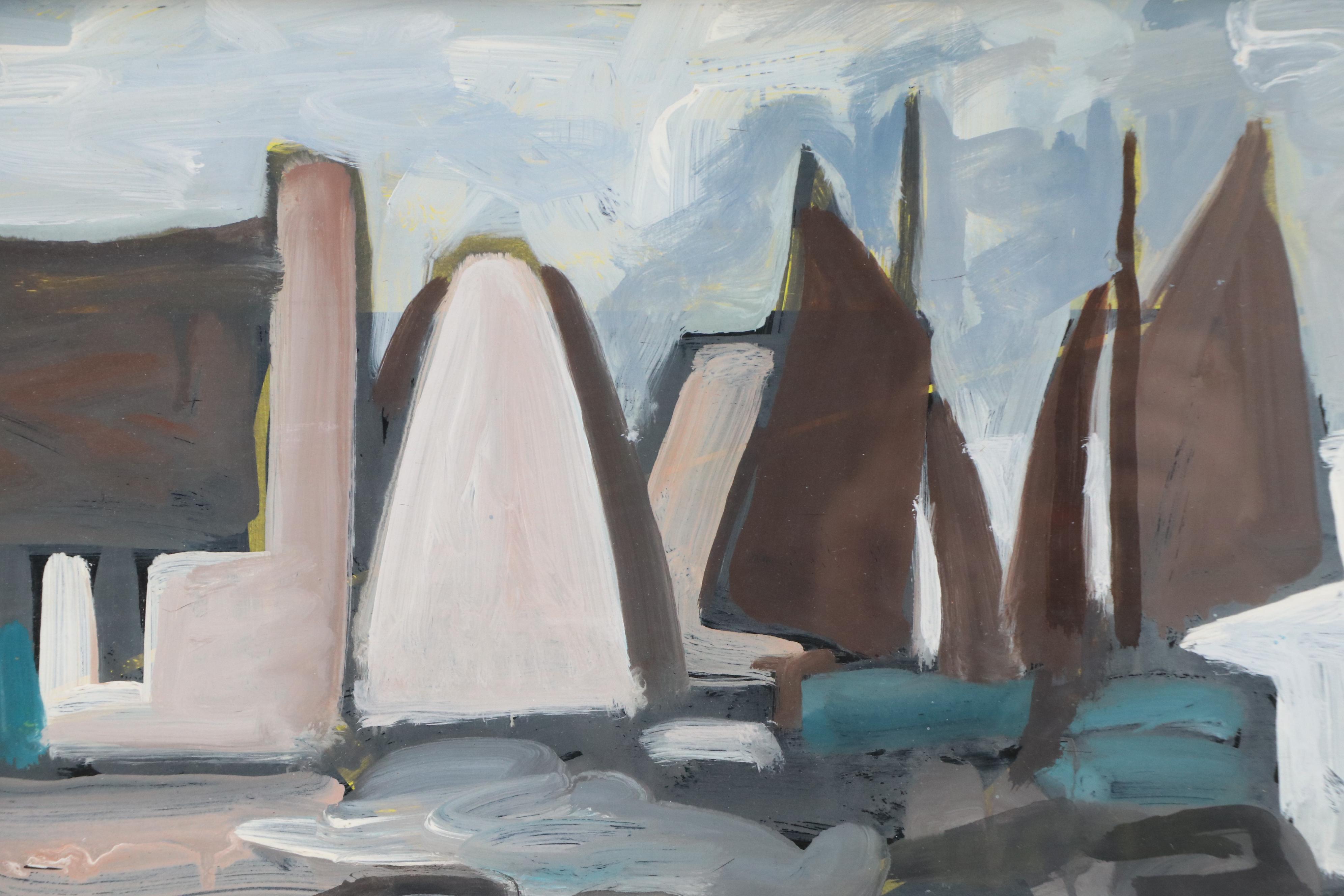 Markey Robinson Gouache Painting "Sailboats Clustering Around Cottages"