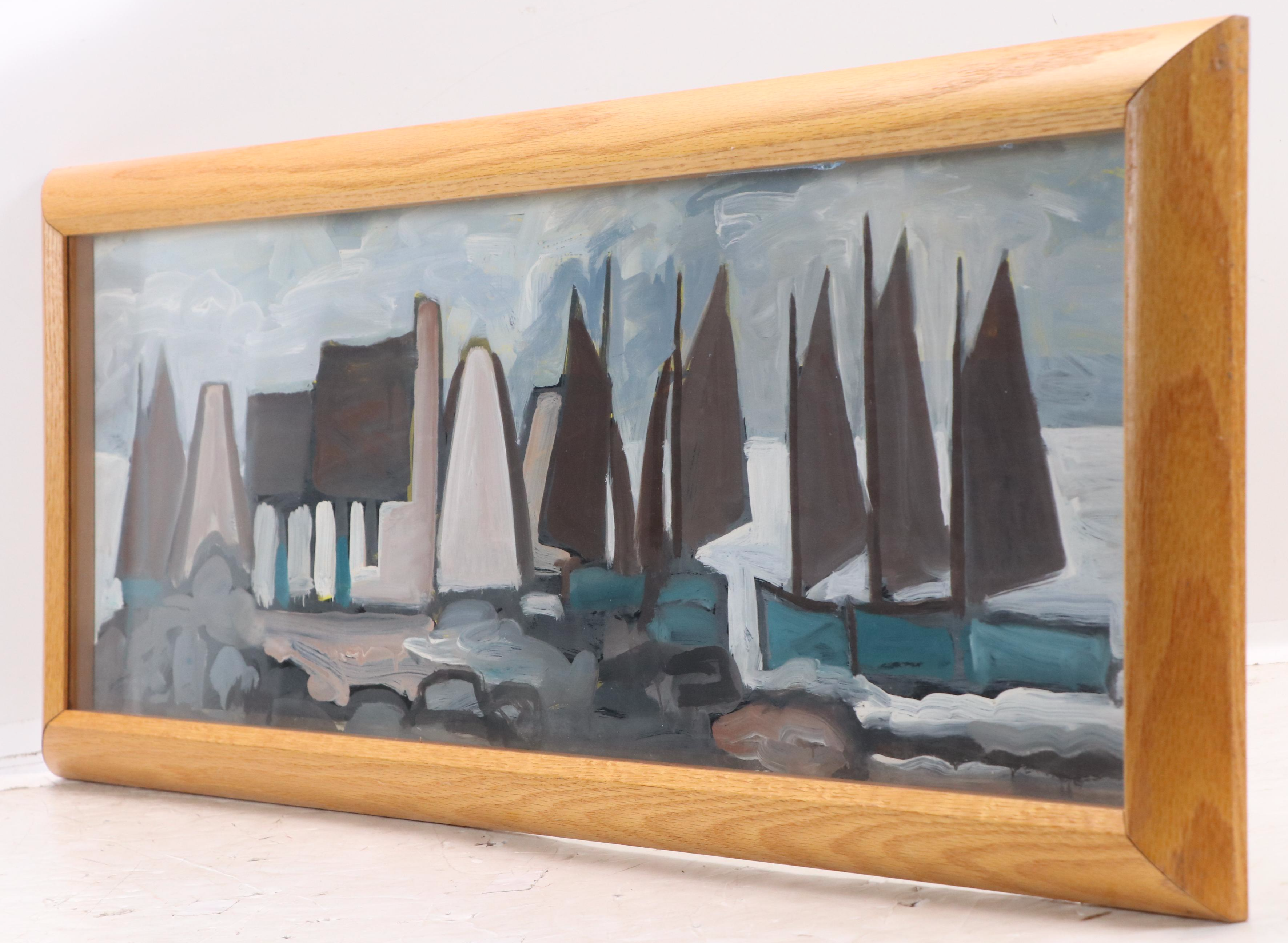 Markey Robinson Gouache Painting "Sailboats Clustering Around Cottages"