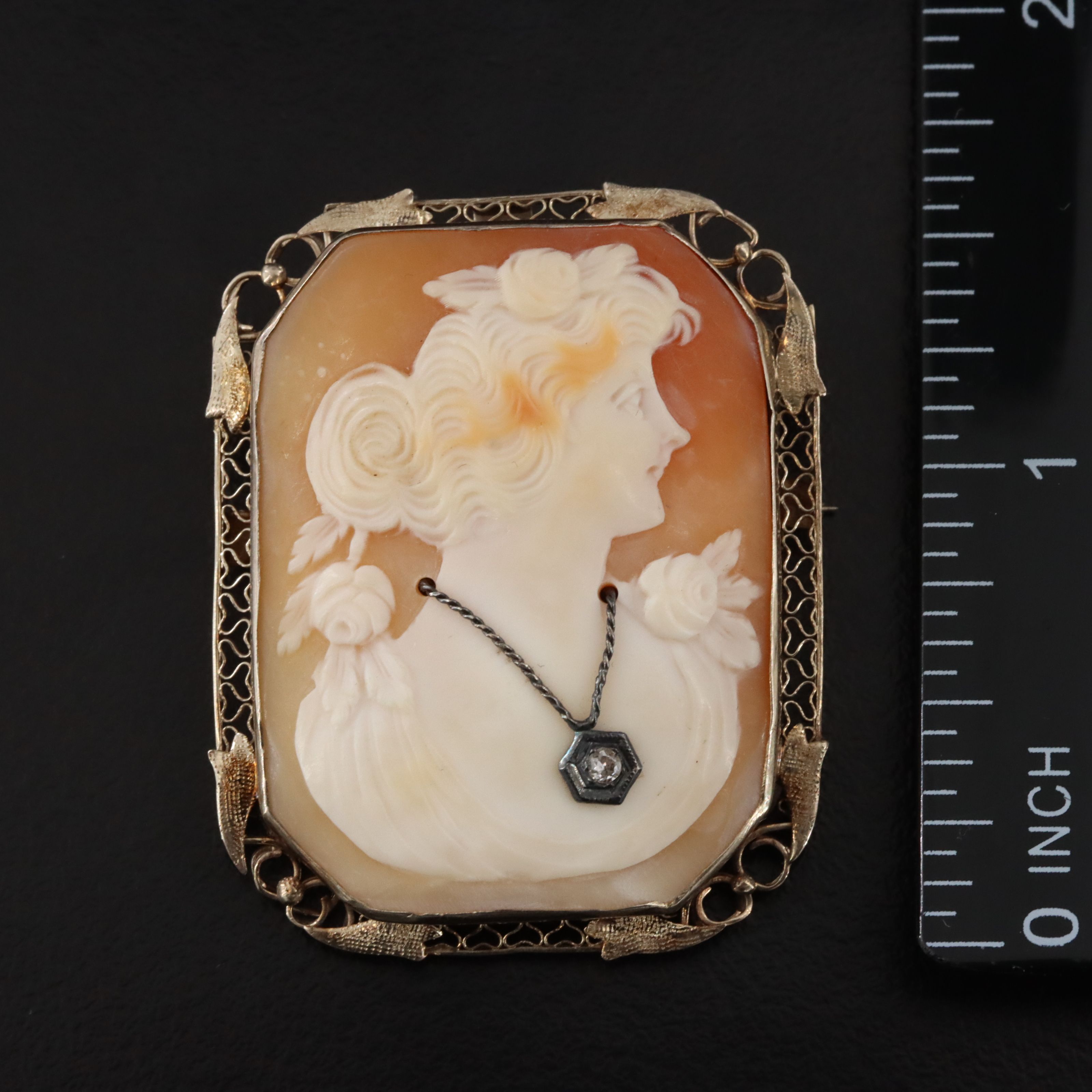Vintage 14K Shell & Diamond Habillé Cameo Goddess Chloris/Flora Converter Brooch