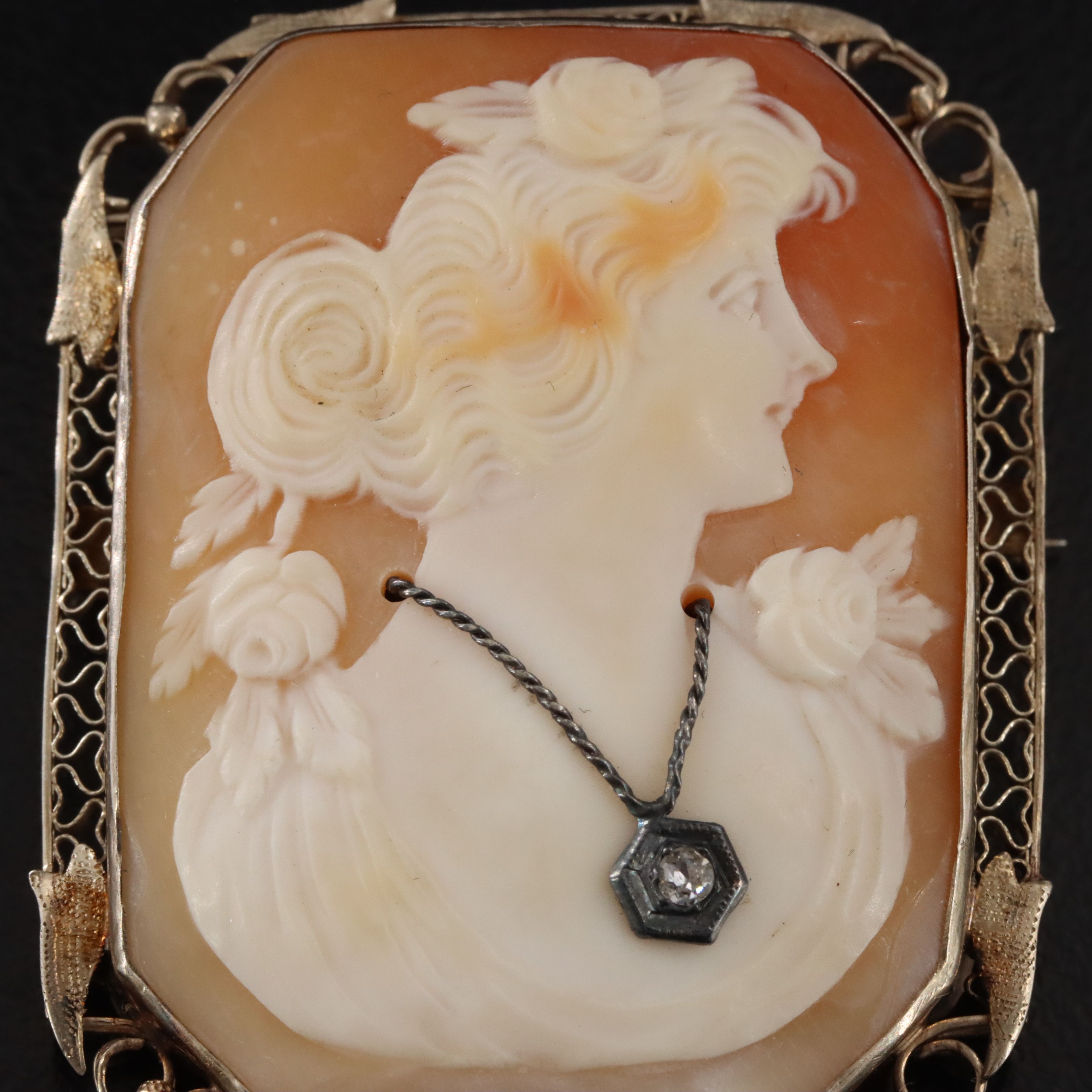 Vintage 14K Shell & Diamond Habillé Cameo Goddess Chloris/Flora Converter Brooch