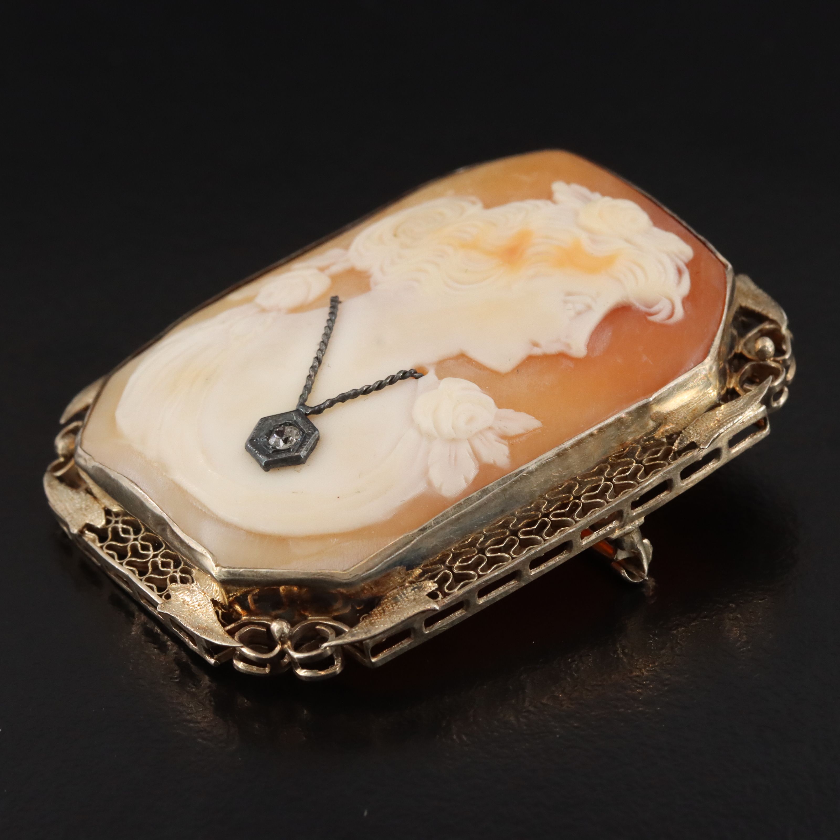 Vintage 14K Shell & Diamond Habillé Cameo Goddess Chloris/Flora Converter Brooch