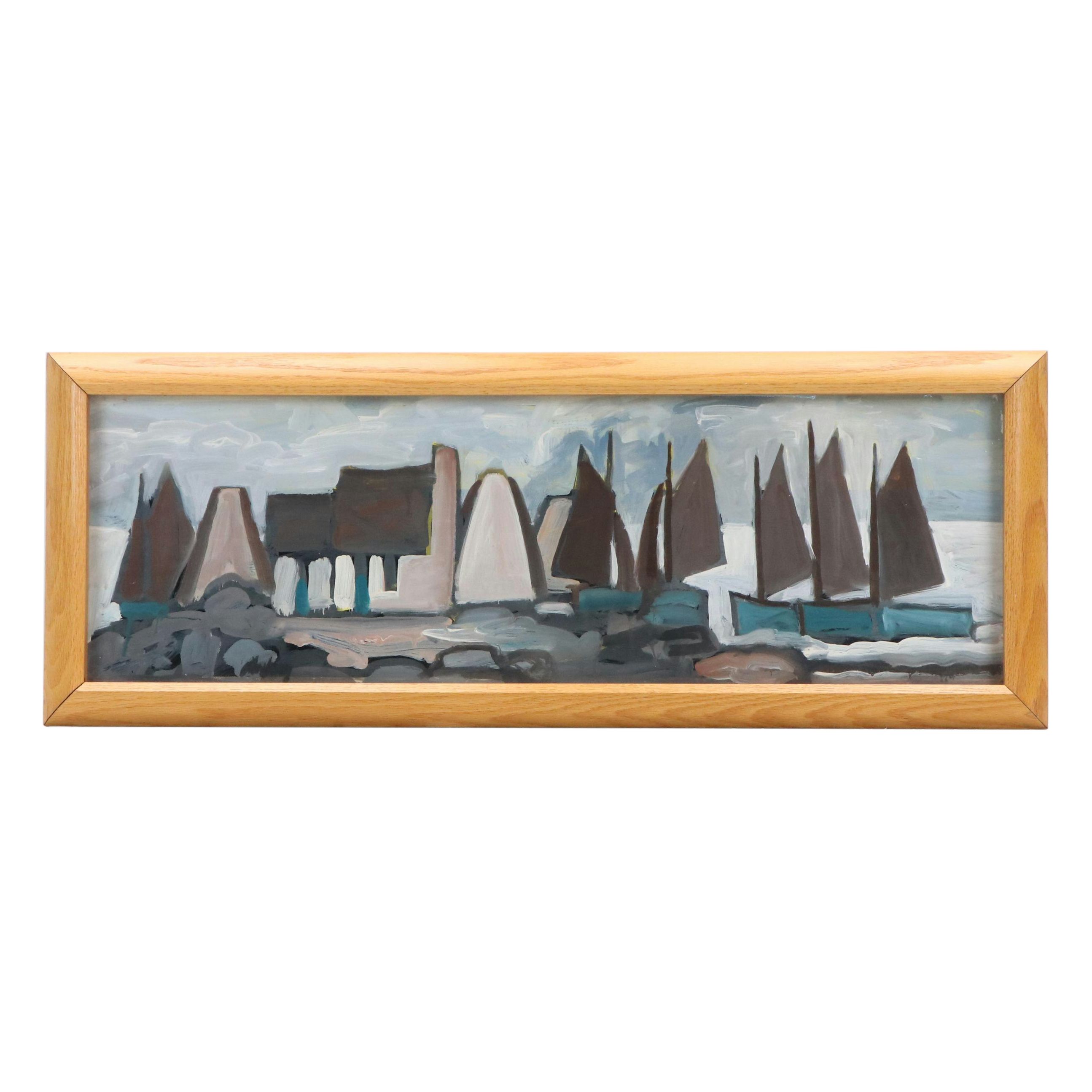 Markey Robinson Gouache Painting "Sailboats Clustering Around Cottages"