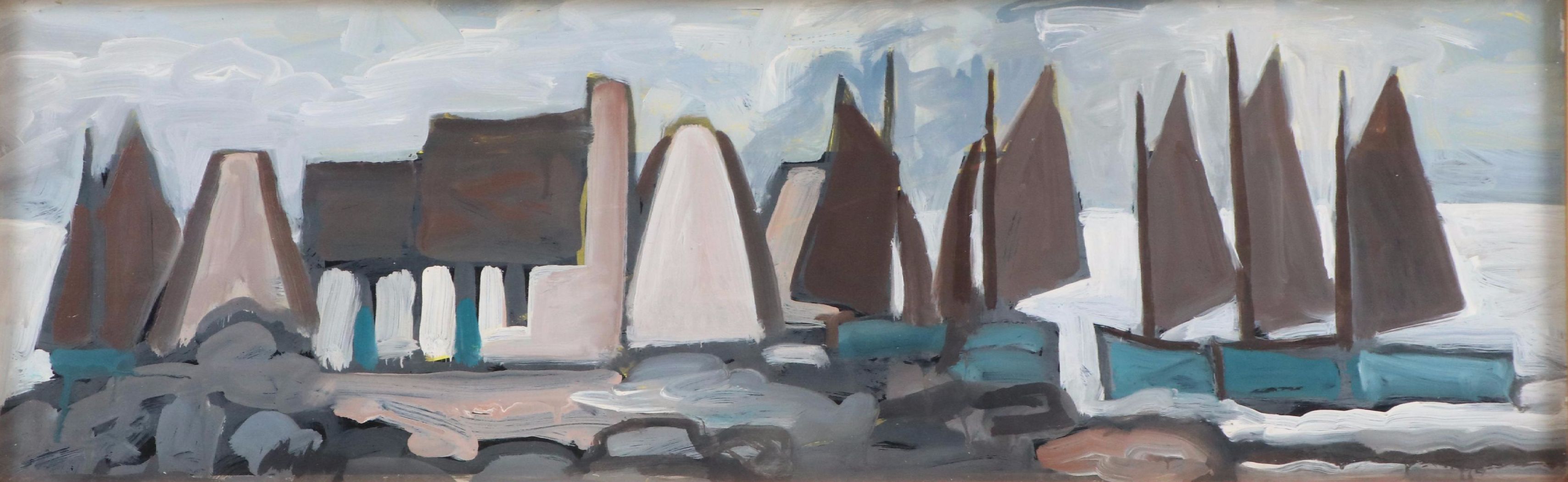 Markey Robinson Gouache Painting "Sailboats Clustering Around Cottages"