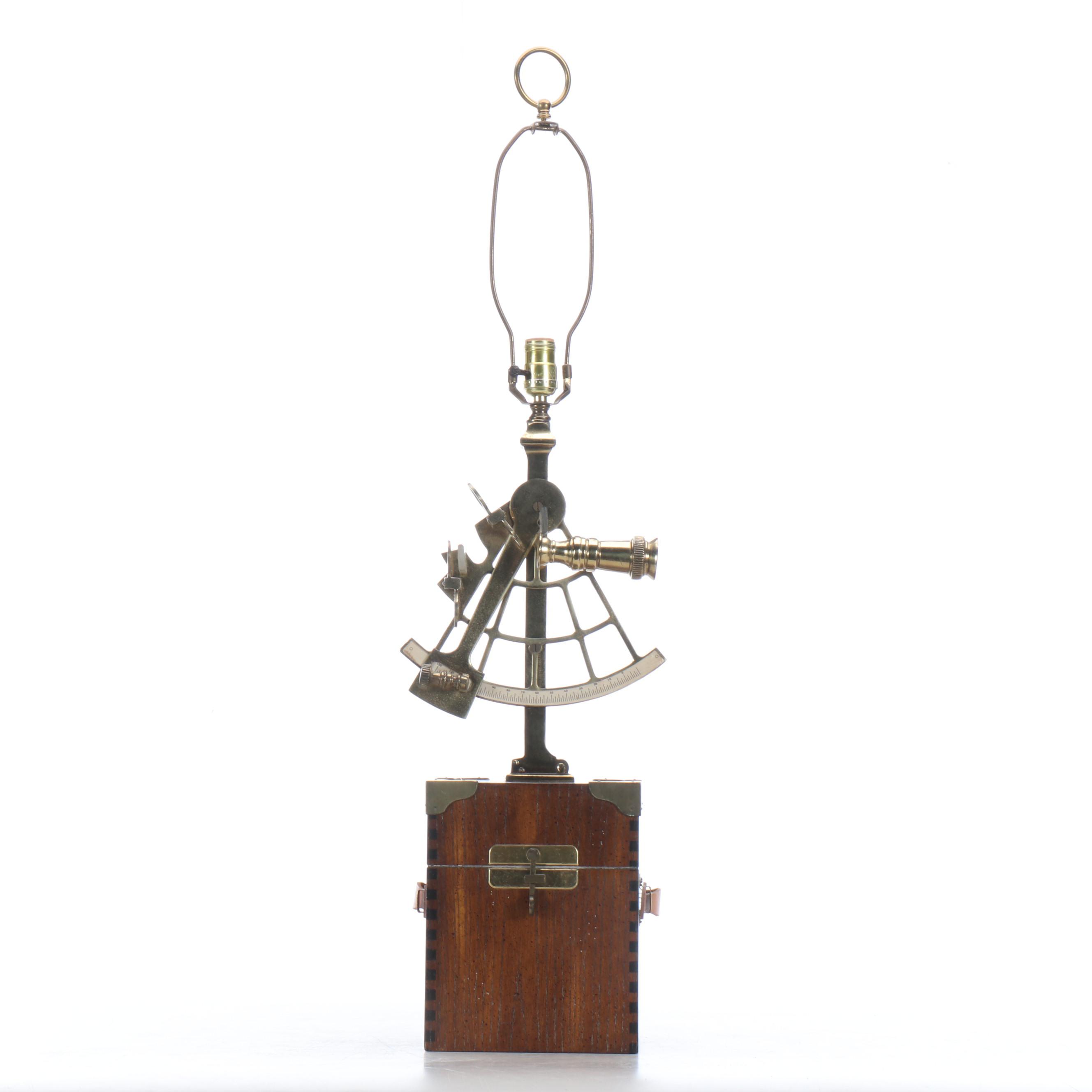 Knob Creek Nautical Wood and Brass Sextant Table Lamp, 20th Century