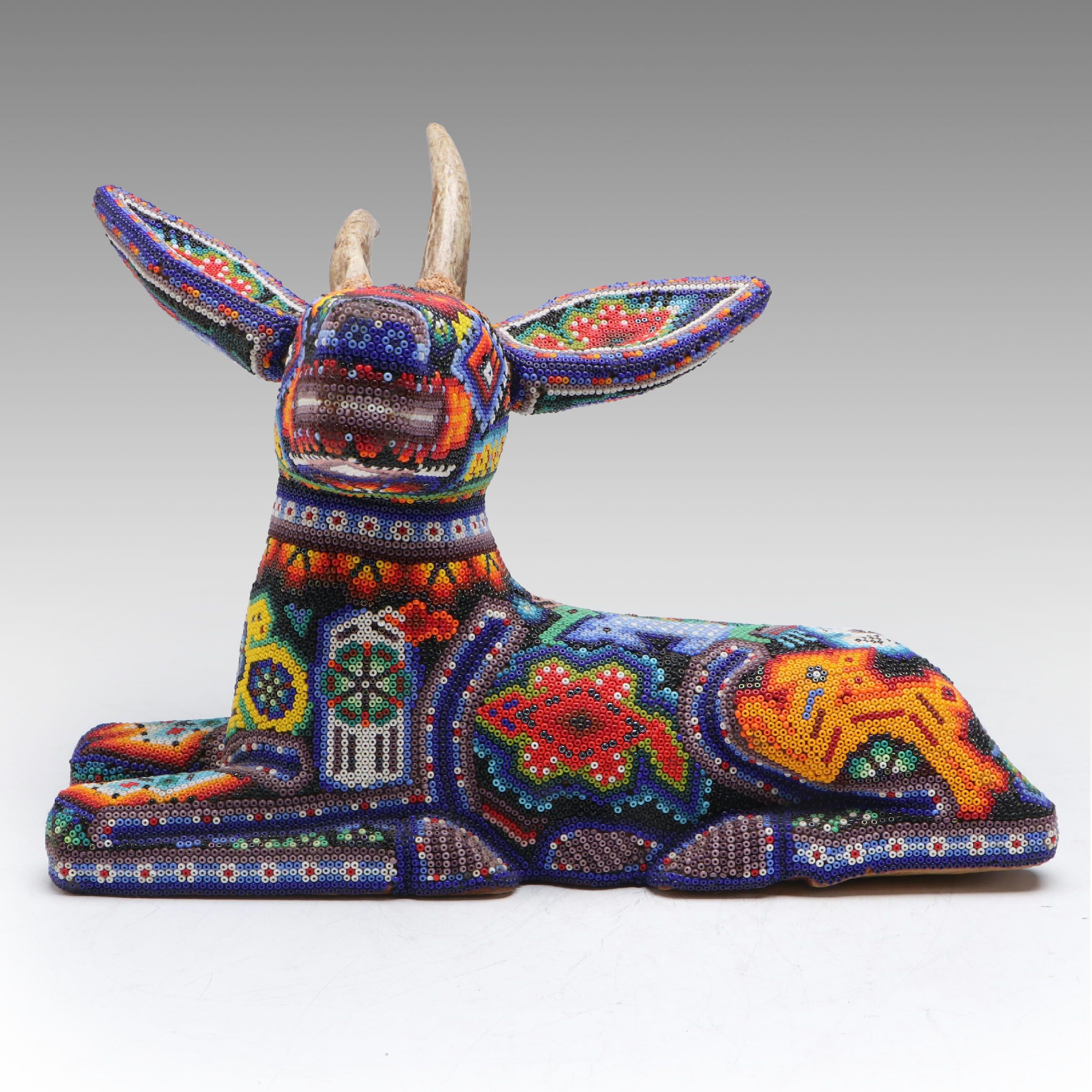Mexican Huichol Beadwork Deer with Natural Antlers