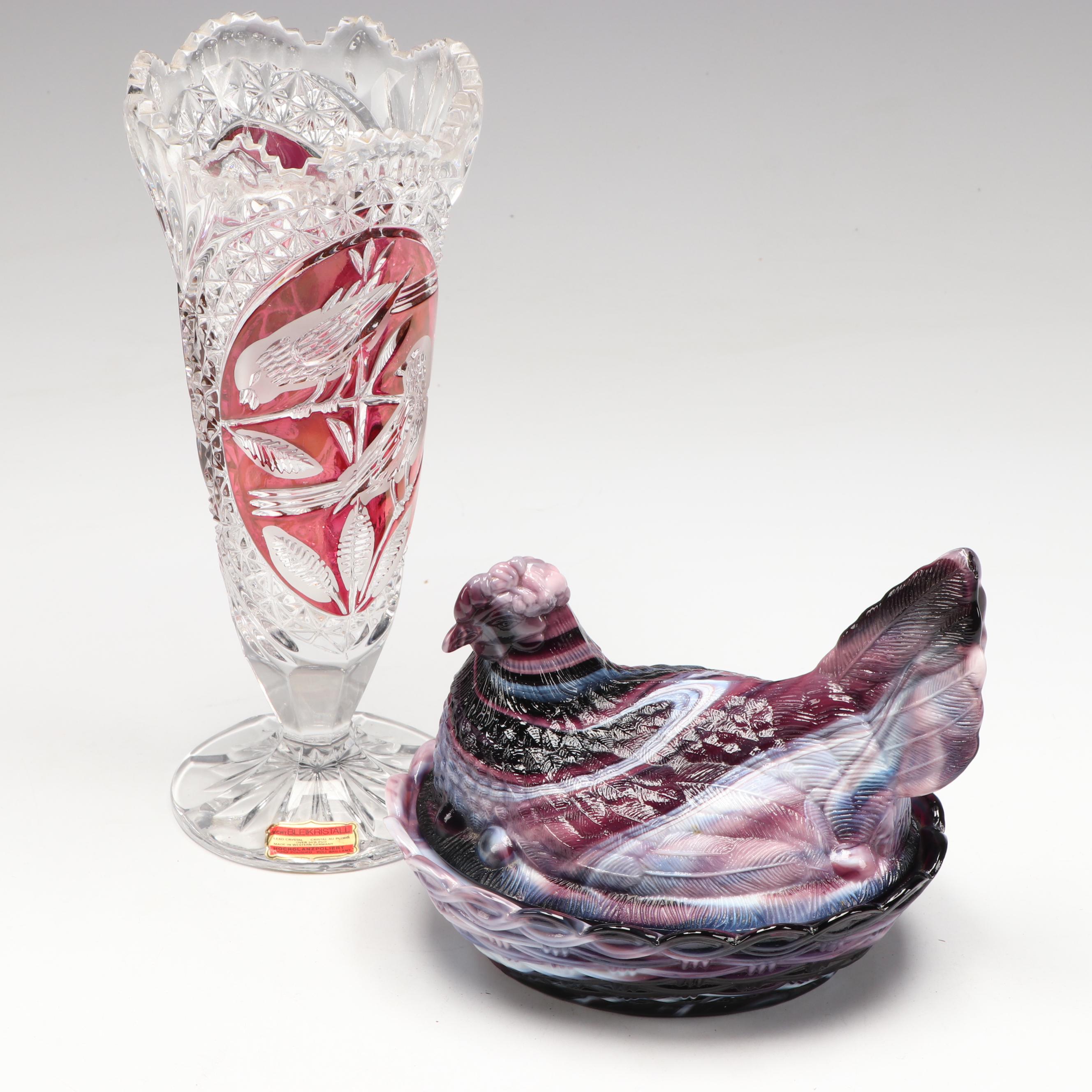 Cut to Clear Crystal Vase with Slag Glass Hen on Nest