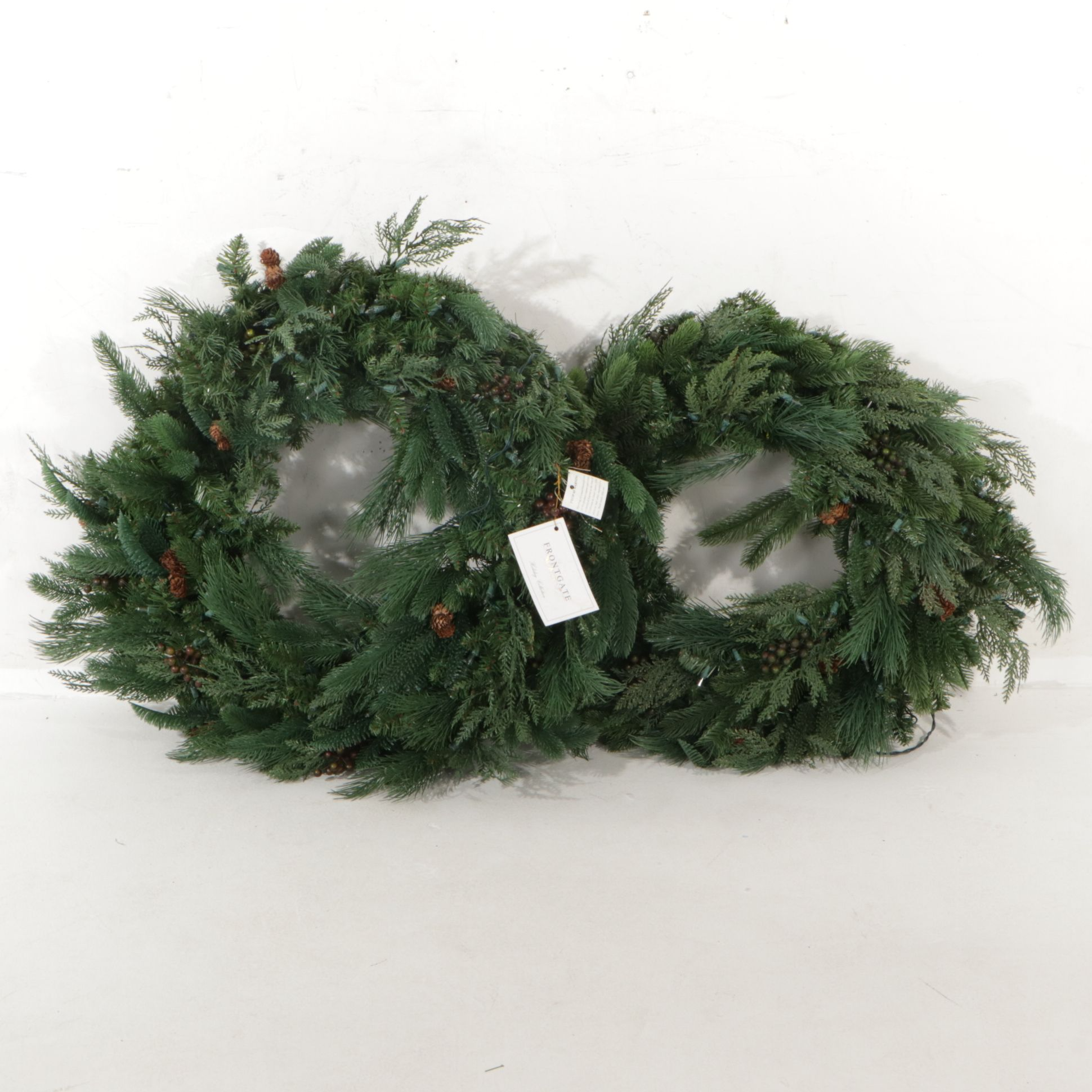 Two 30" Frontgate Pre-Lit Artificial Christmas Wreaths