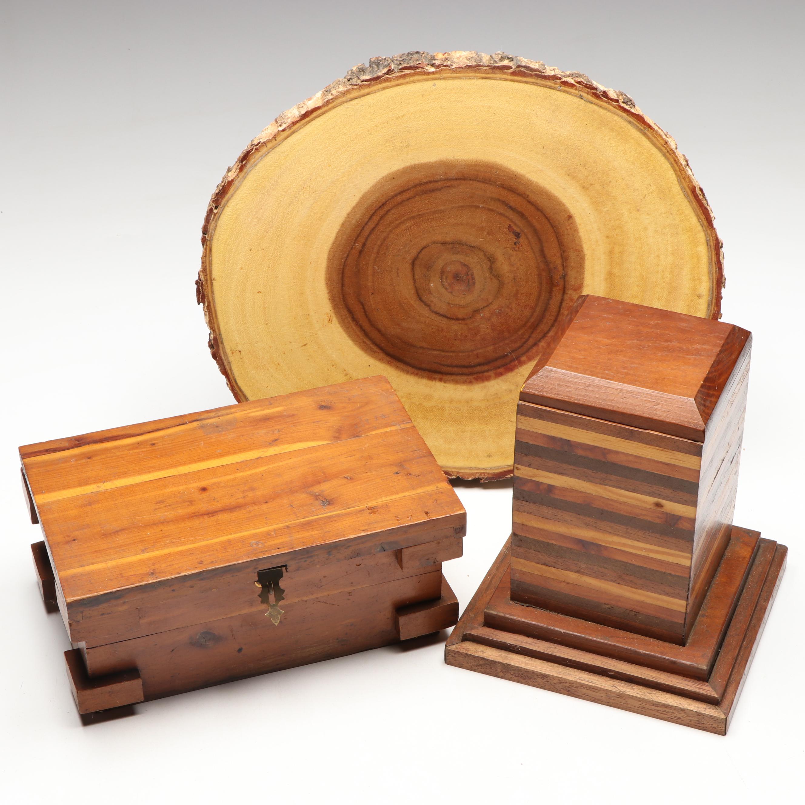 Lipper Tree Trunk Slab Platter with Handcrafted Laminated and Cedar Wood Boxes