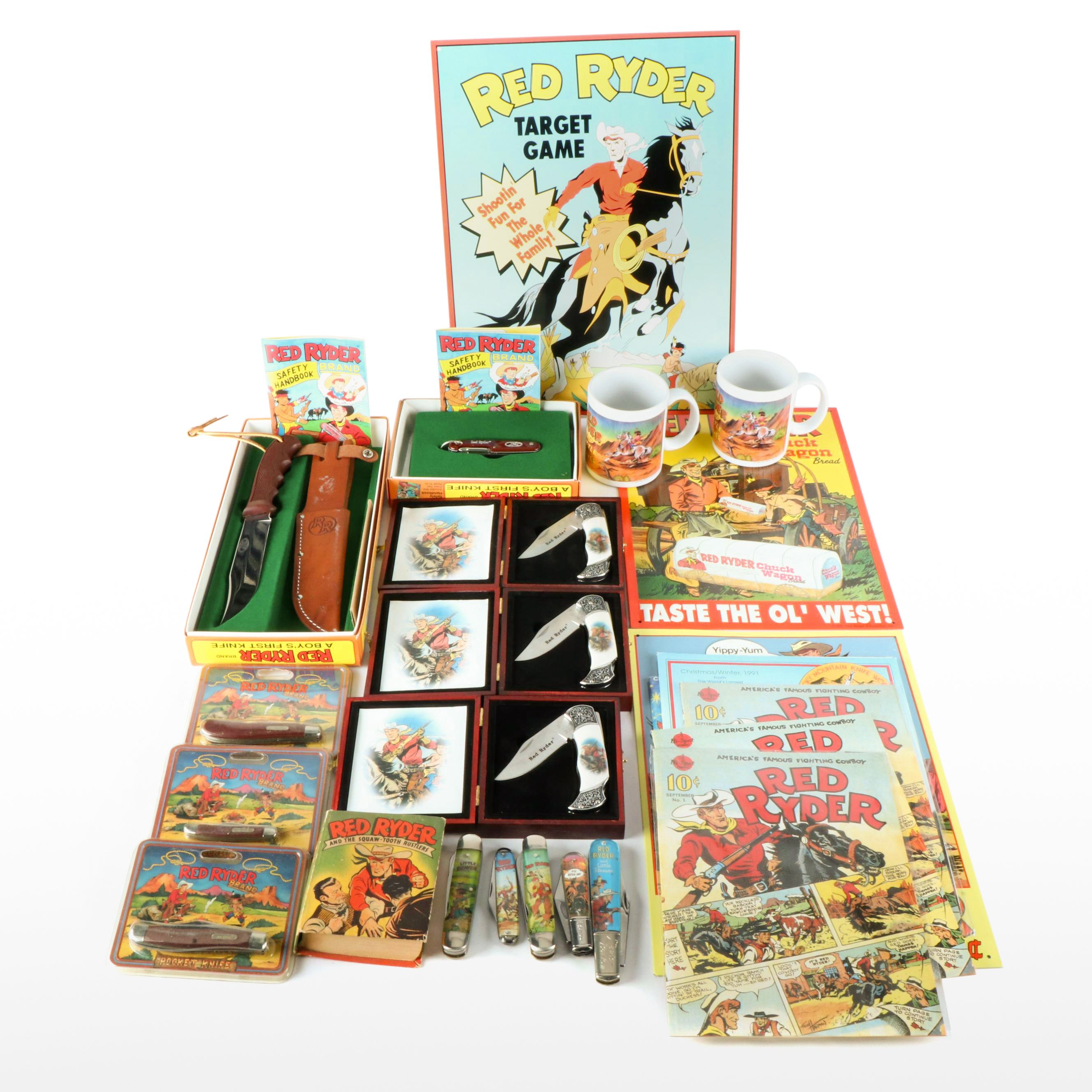 Thirteen Red Rider Pocket Knives a Bowie Knife and Other Red Rider Items