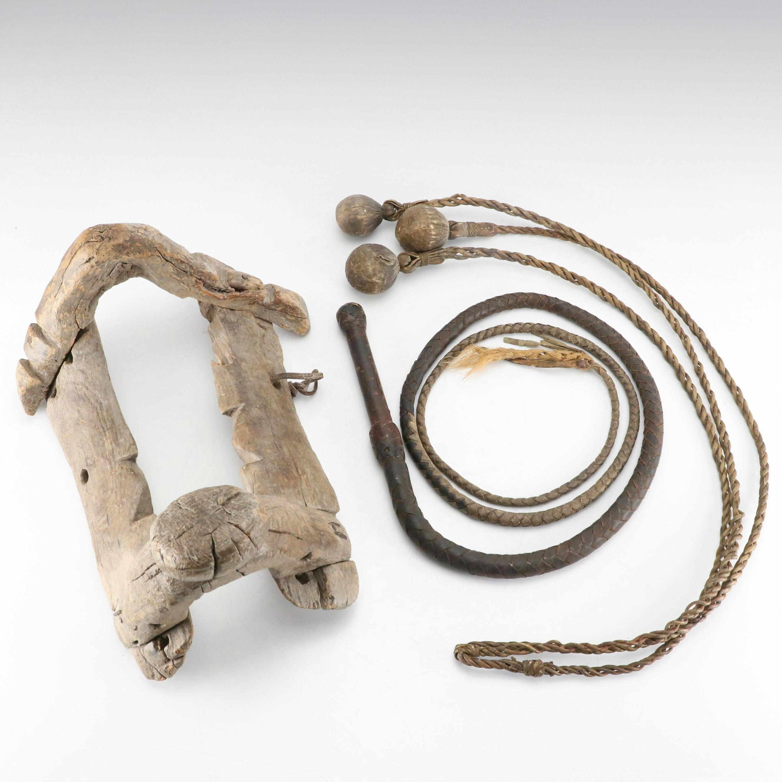 Mexican Fuste Wooden Saddle with Leather Bullwhip, Gaucho Boleadoras