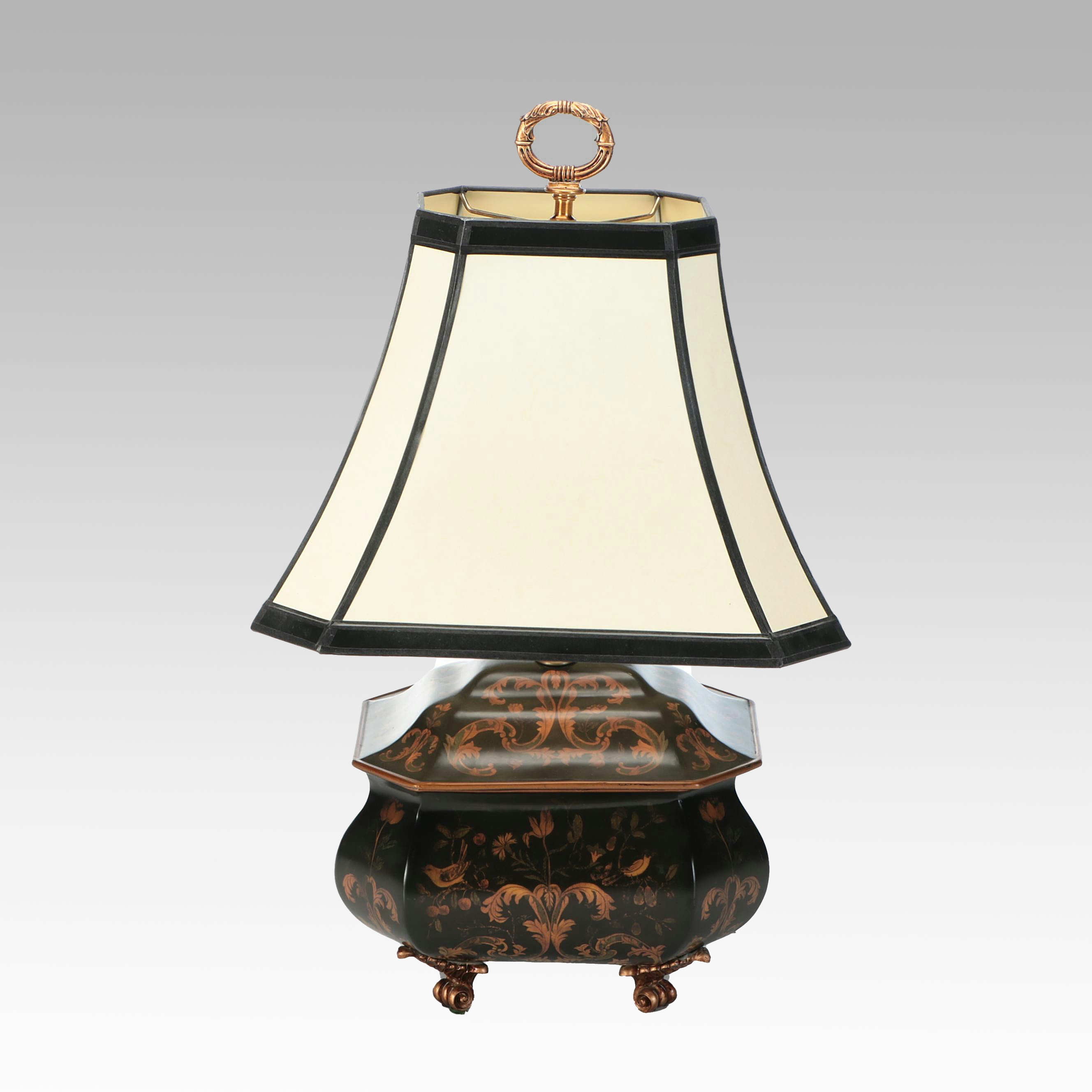 Chinese Hand-Painted Metal Table Lamp with Cut Corner Shade