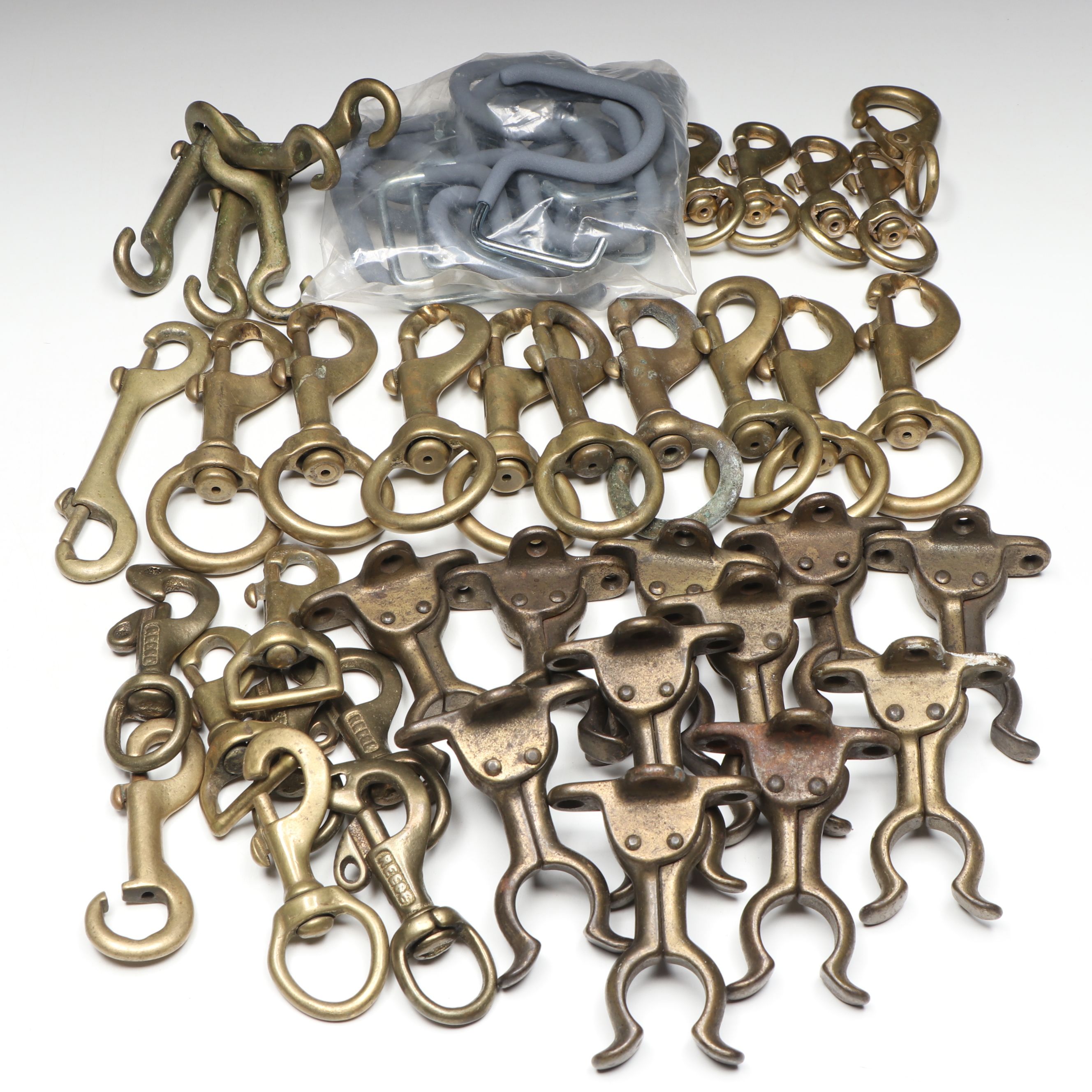 Reese and Other Brass Bolt Snaps with Broom Holders and Coated S-Hooks