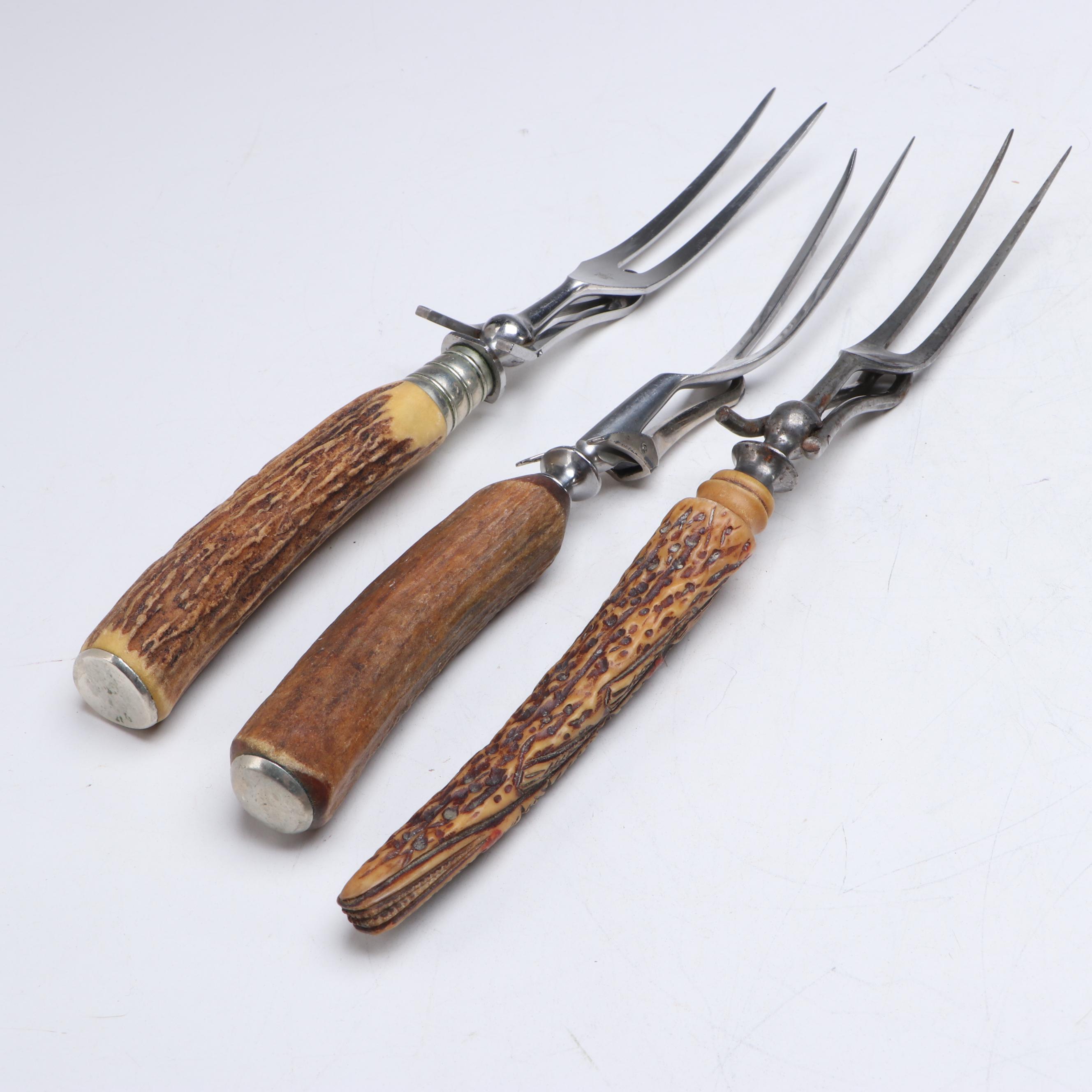J.A. Henckels Carving Set and Other Antler Handled Serving Utensils