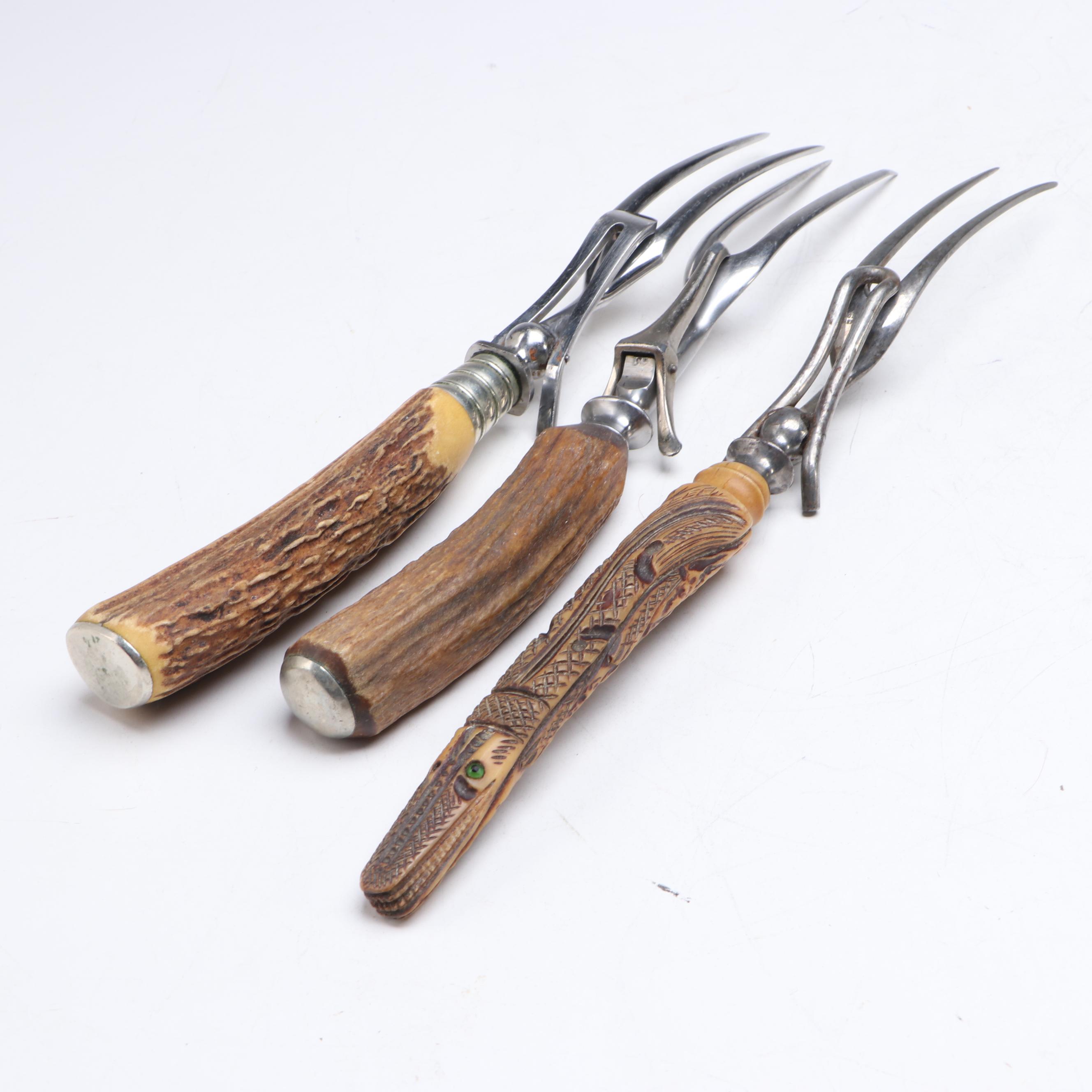 J.A. Henckels Carving Set and Other Antler Handled Serving Utensils