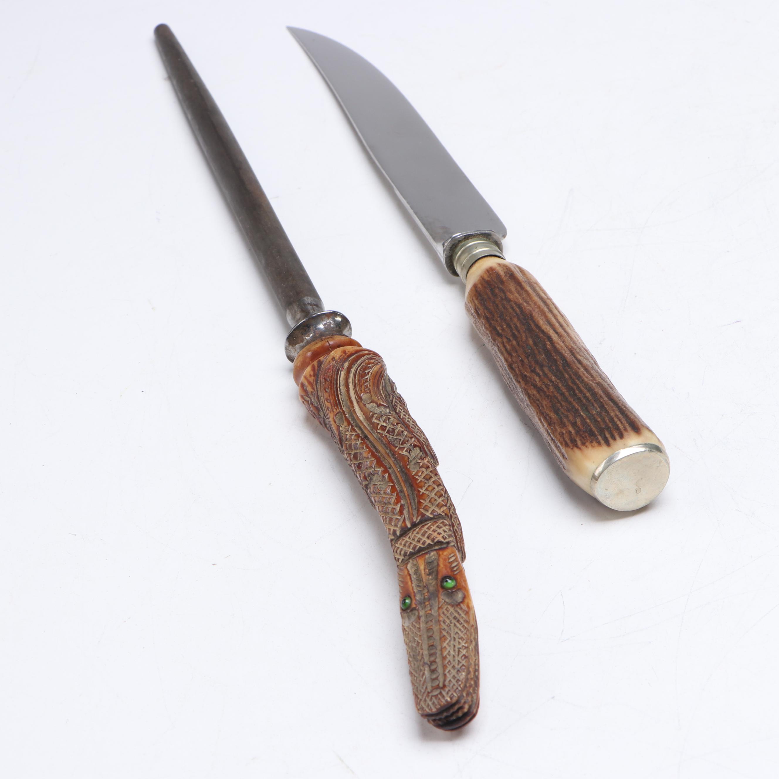 J.A. Henckels Carving Set and Other Antler Handled Serving Utensils
