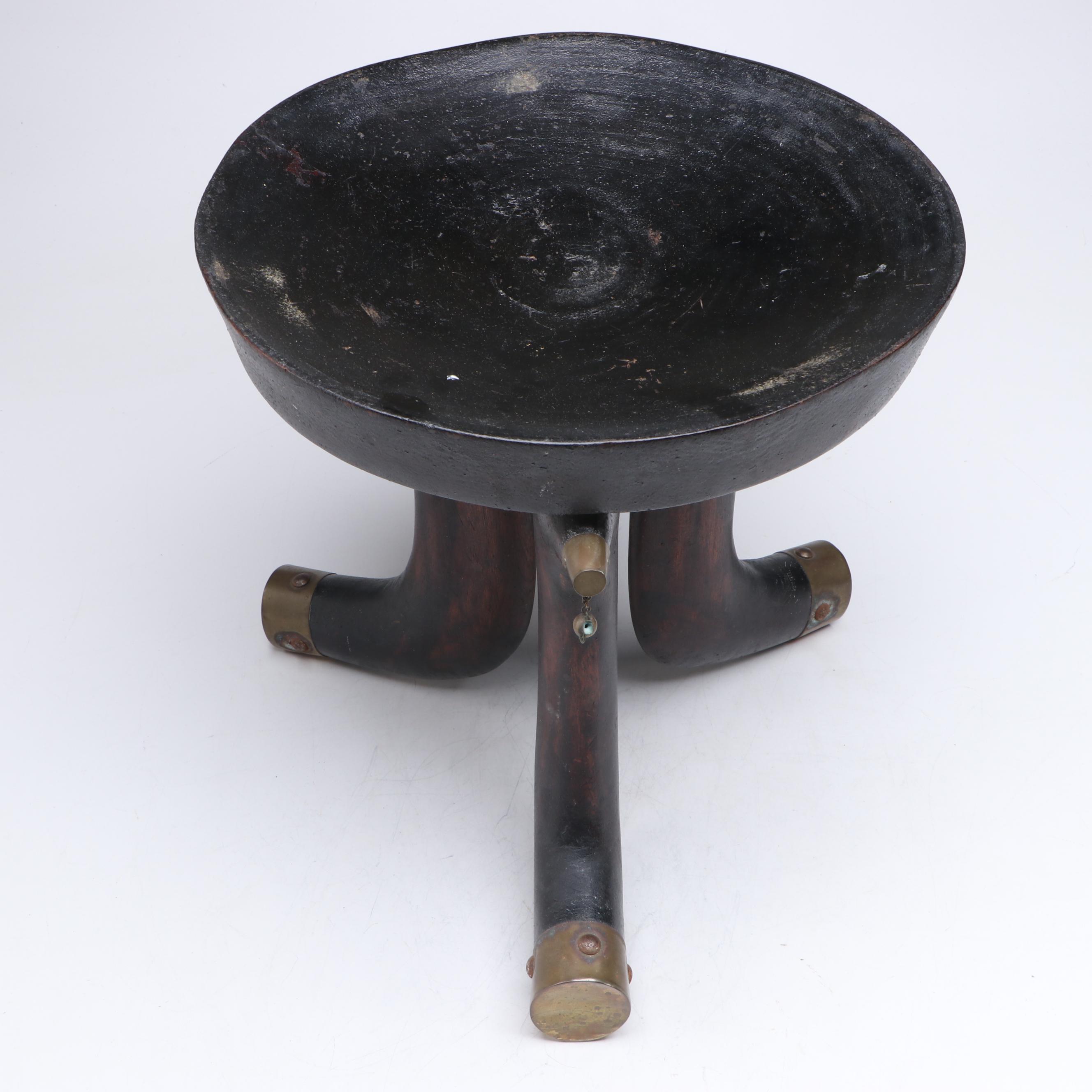 Ethiopian Jimma Style Ebonized Wood and Brass Tipped Stool