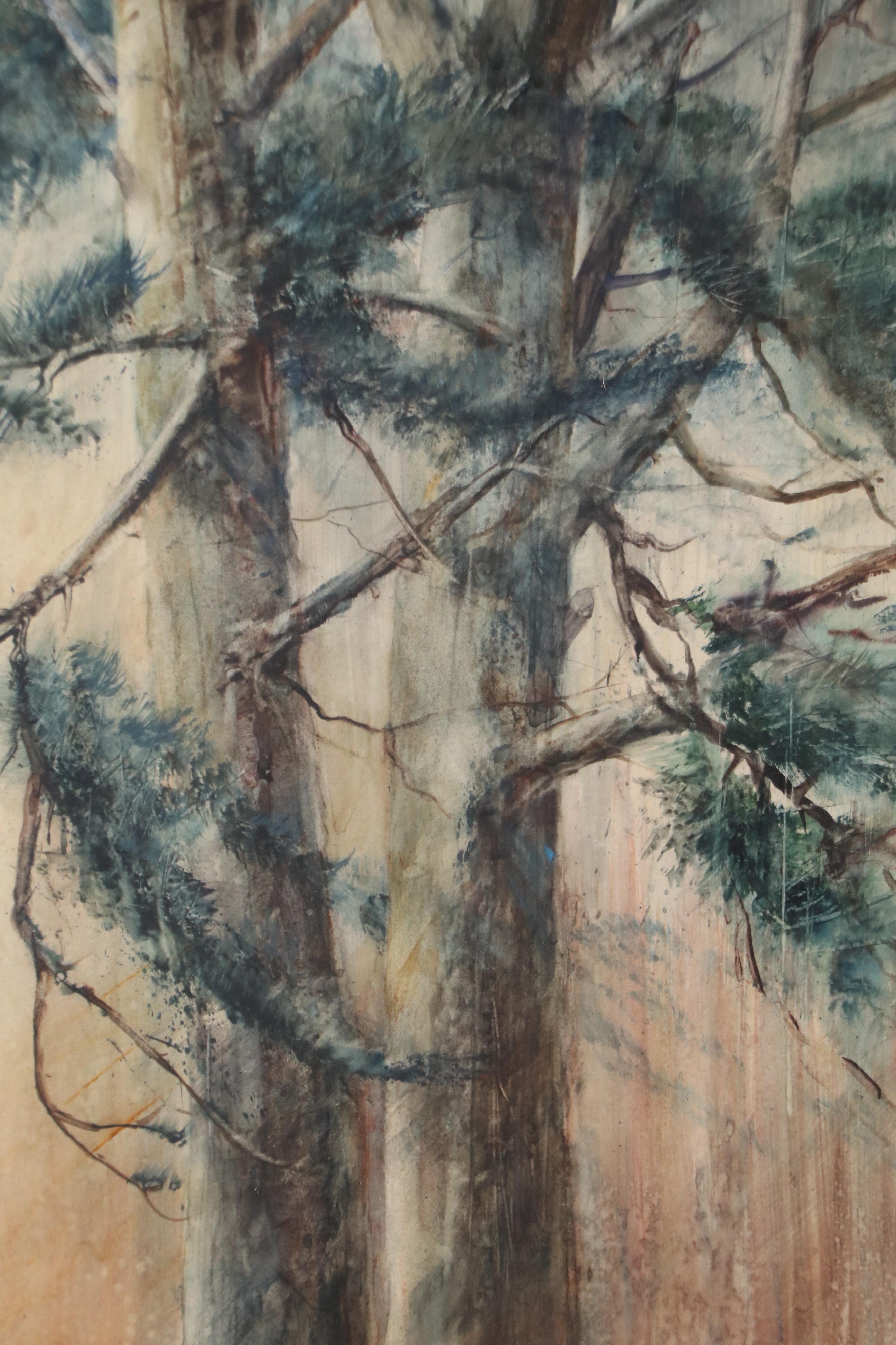 Watercolor Painting of Two Pine Trees, Mid to Late 20th Century