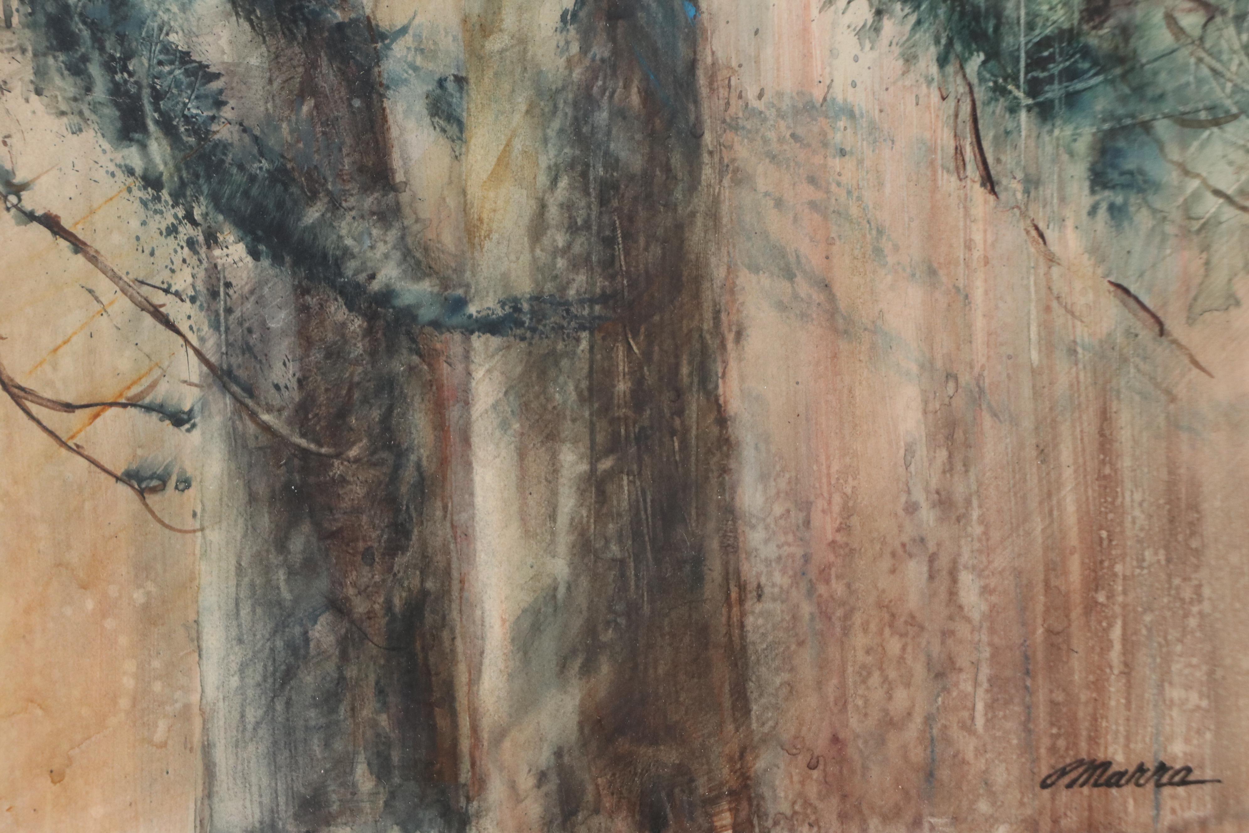 Watercolor Painting of Two Pine Trees, Mid to Late 20th Century