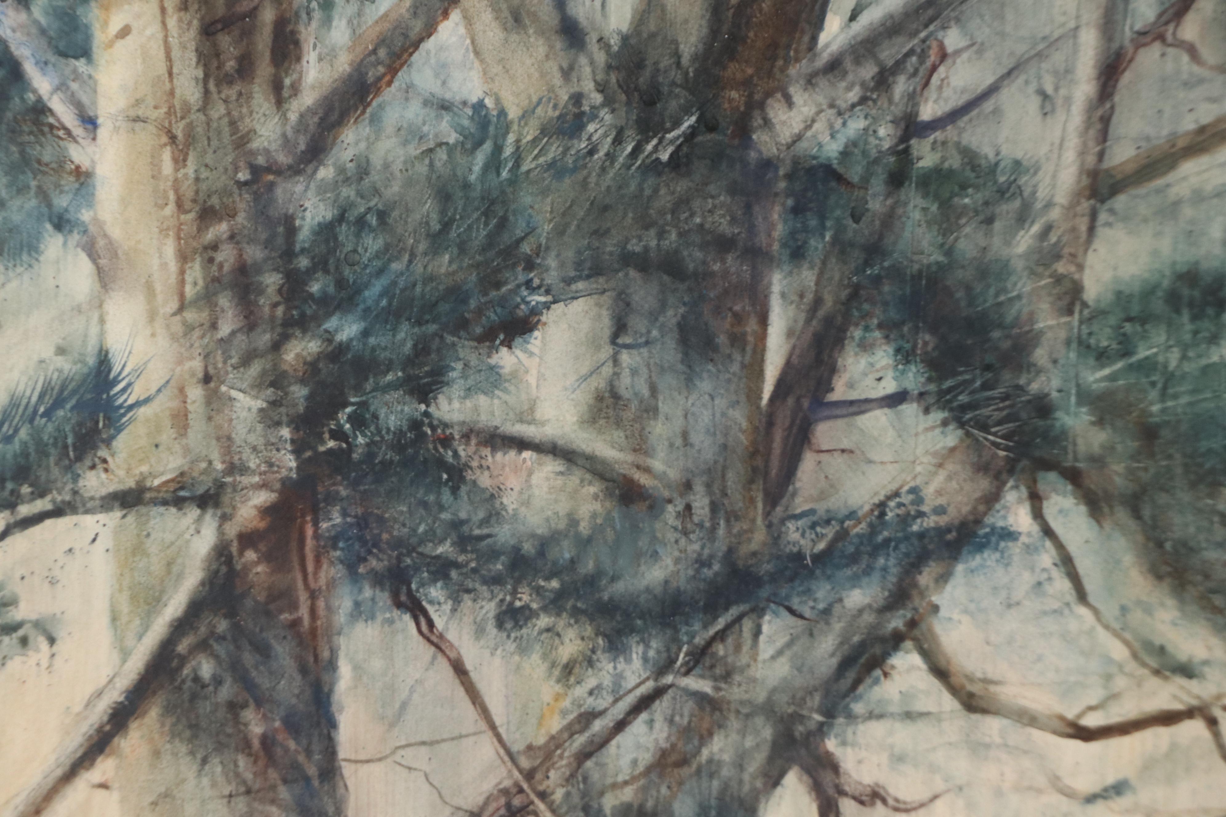 Watercolor Painting of Two Pine Trees, Mid to Late 20th Century