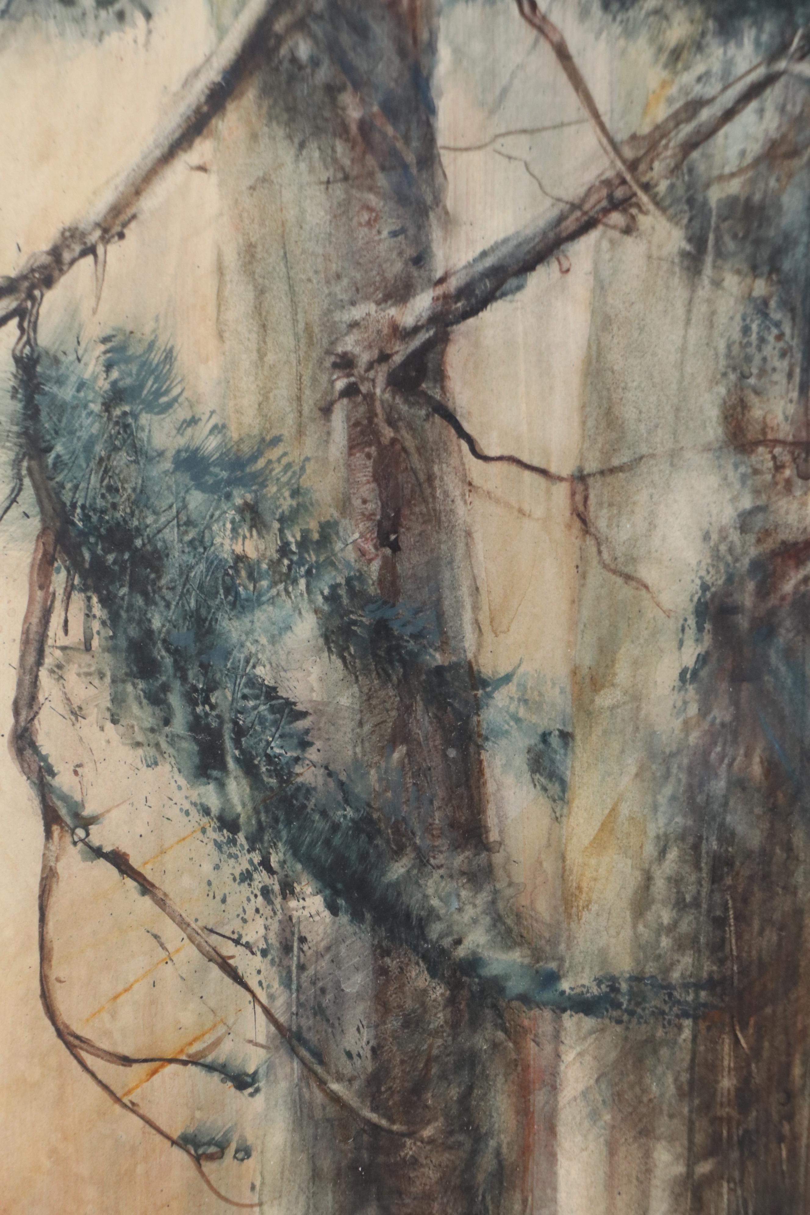 Watercolor Painting of Two Pine Trees, Mid to Late 20th Century