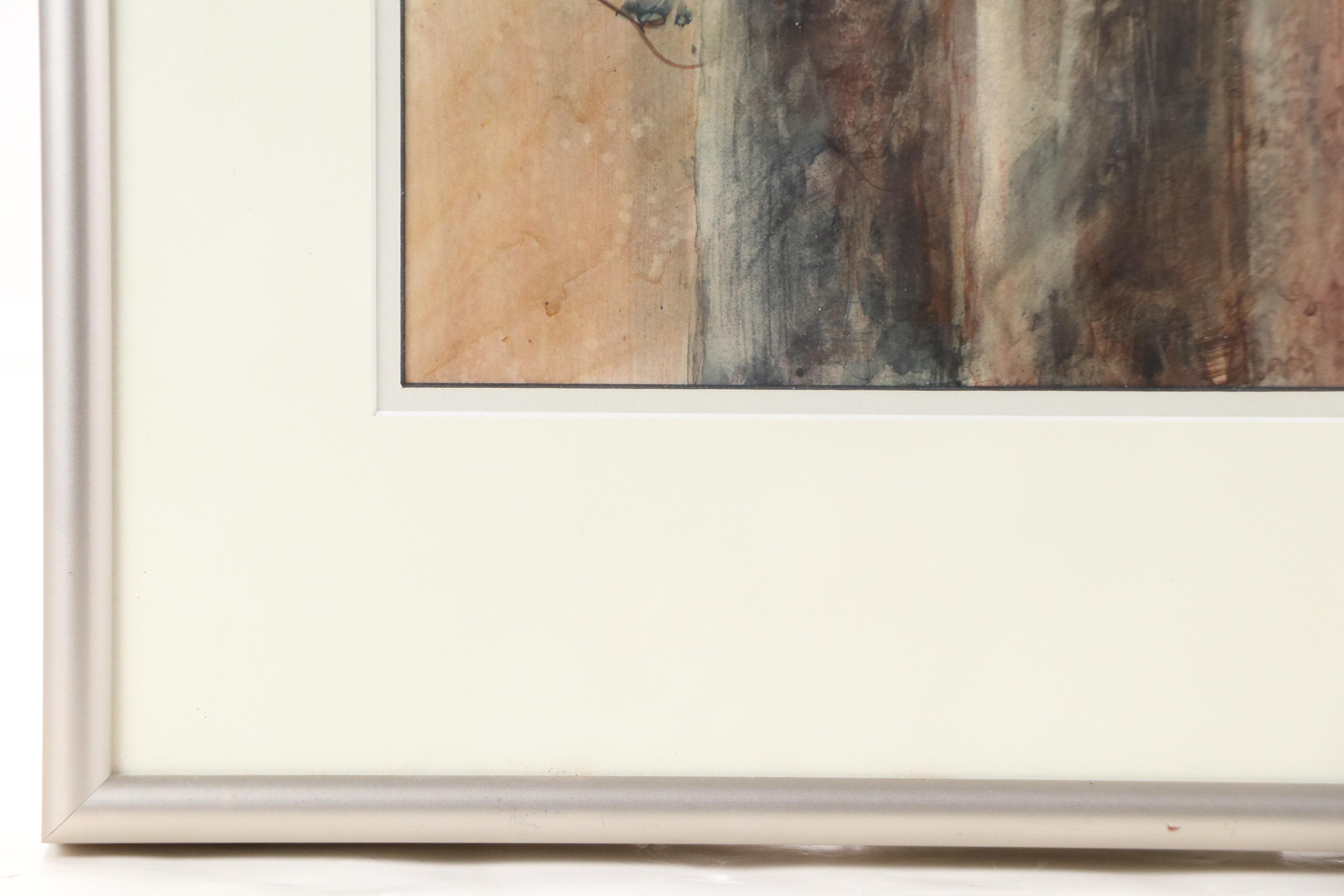 Watercolor Painting of Two Pine Trees, Mid to Late 20th Century