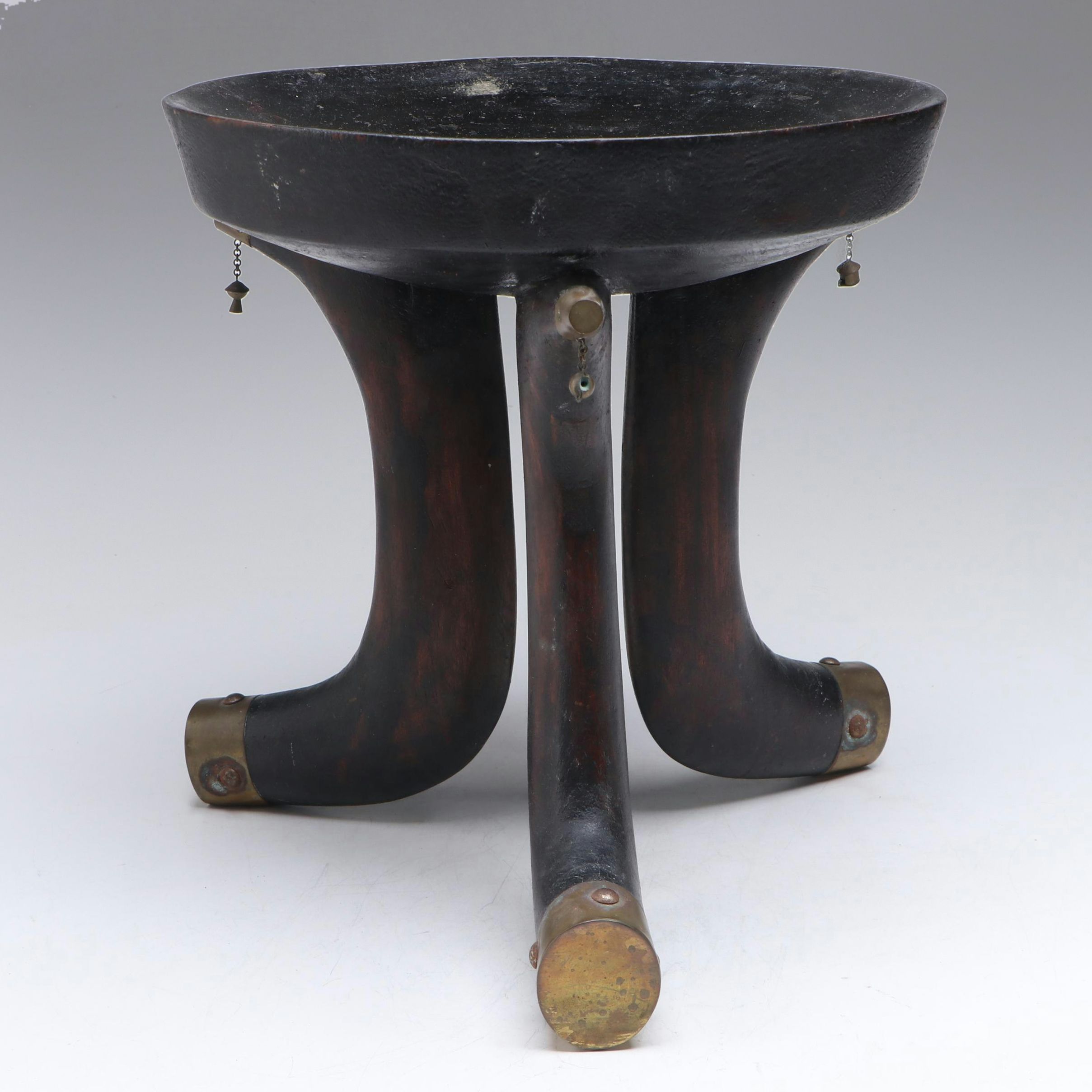 Ethiopian Jimma Style Ebonized Wood and Brass Tipped Stool