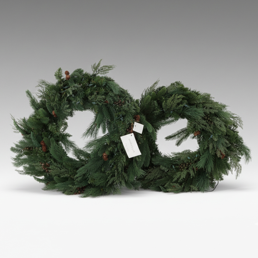 Two 30" Frontgate Pre-Lit Artificial Christmas Wreaths