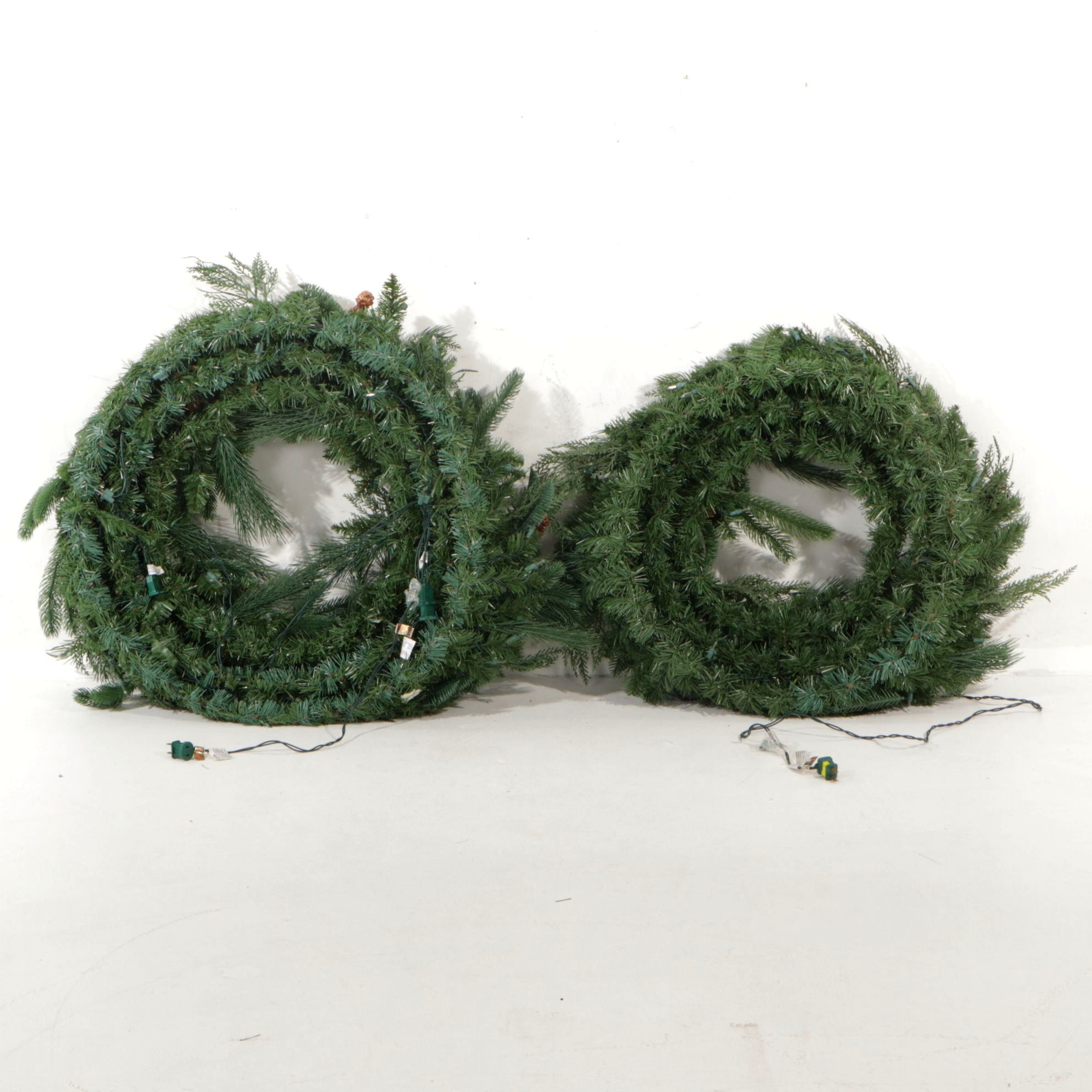 Two 30" Frontgate Pre-Lit Artificial Christmas Wreaths