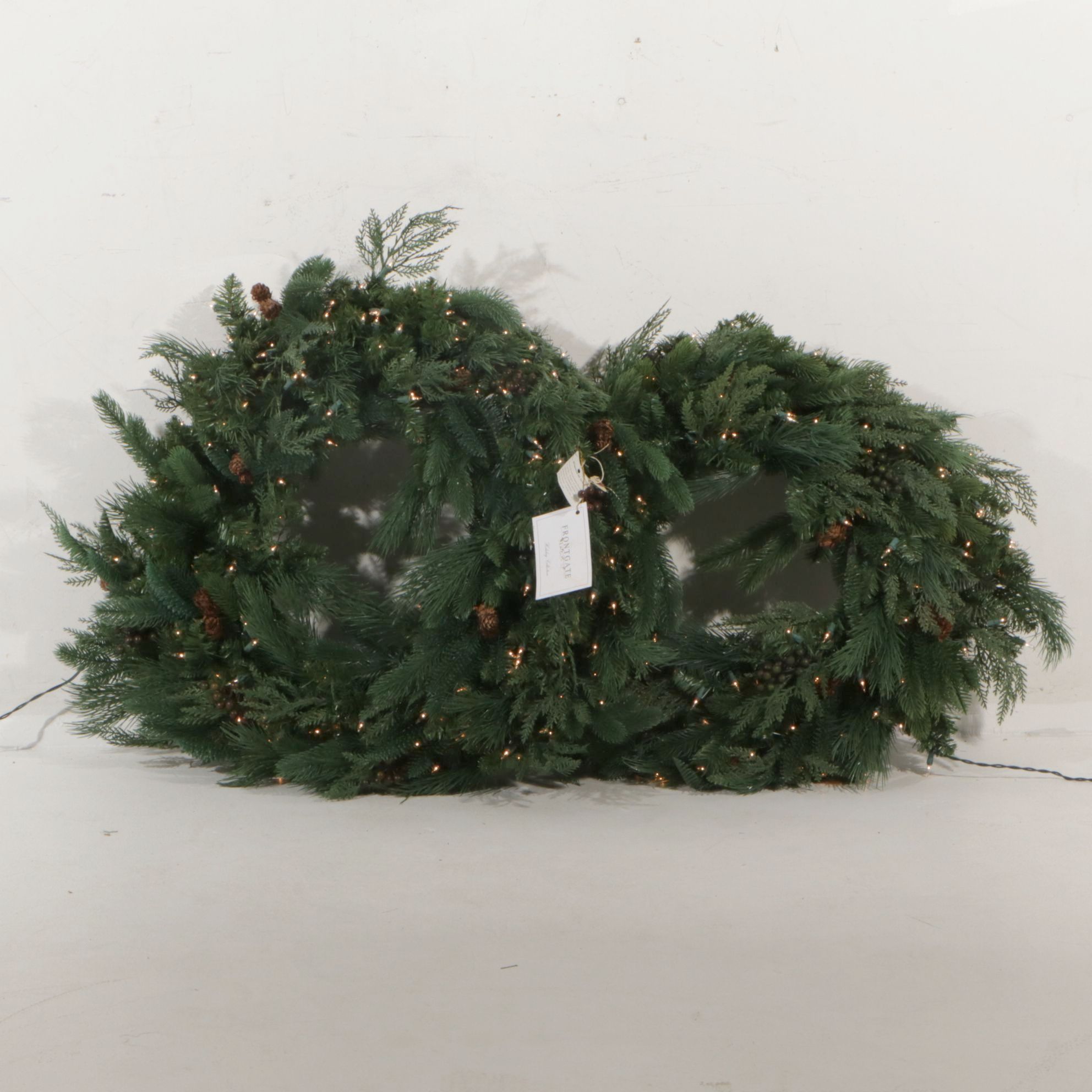 Two 30" Frontgate Pre-Lit Artificial Christmas Wreaths